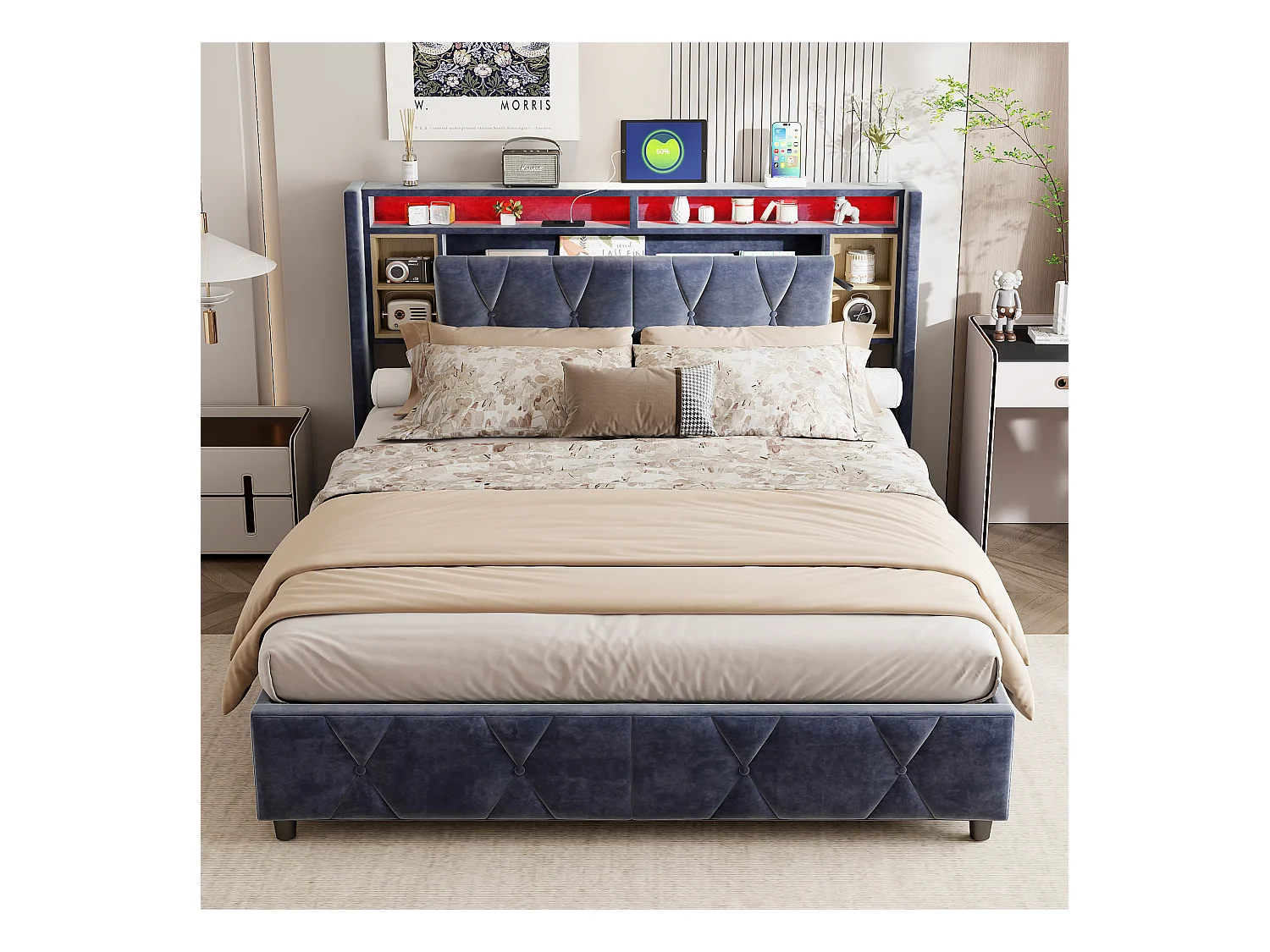 Lit coffre 160x200 cm en velours gris avec tête de lit LED 7 couleurs, prises intégrées (USB + Type-C + EU), rangements pratiques et vérins hydrauliques