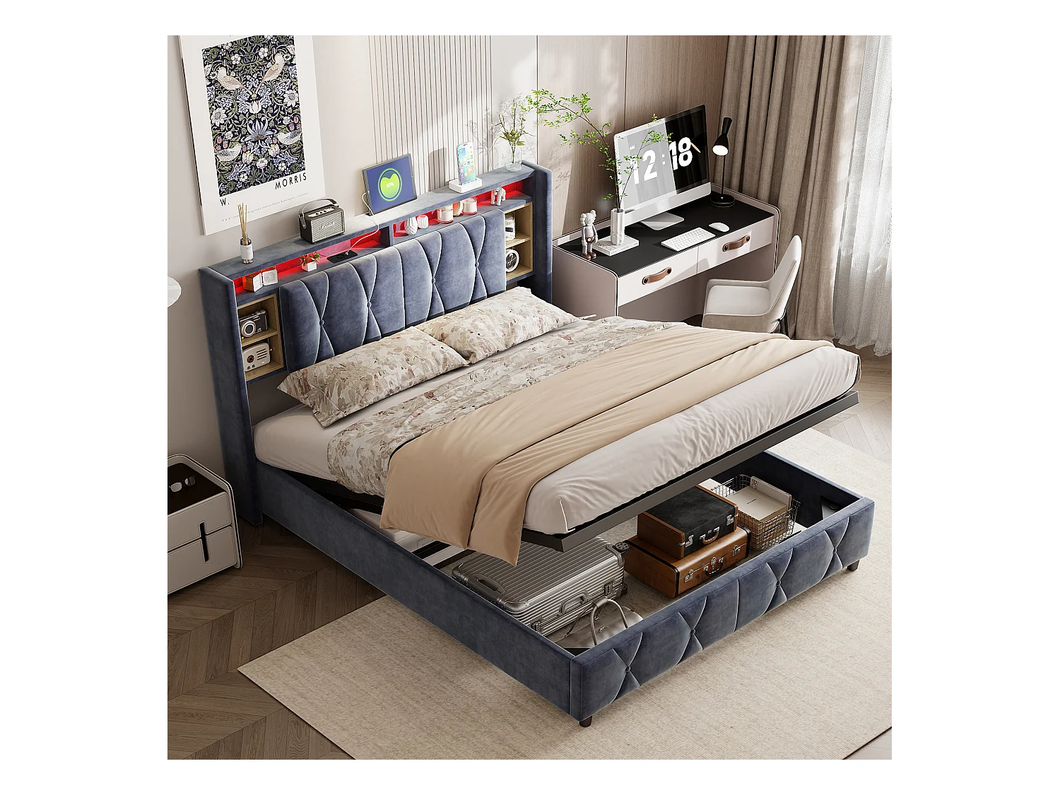 Lit coffre 160x200 cm en velours gris avec tête de lit LED 7 couleurs, prises intégrées (USB + Type-C + EU), rangements pratiques et vérins hydrauliques