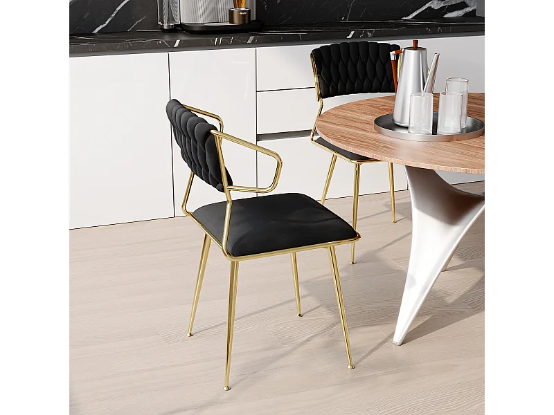 Set di 2 sedie da pranzo in velluto nero con motivo tartarugato, gambe in metallo dorato, design moderno ed elegante