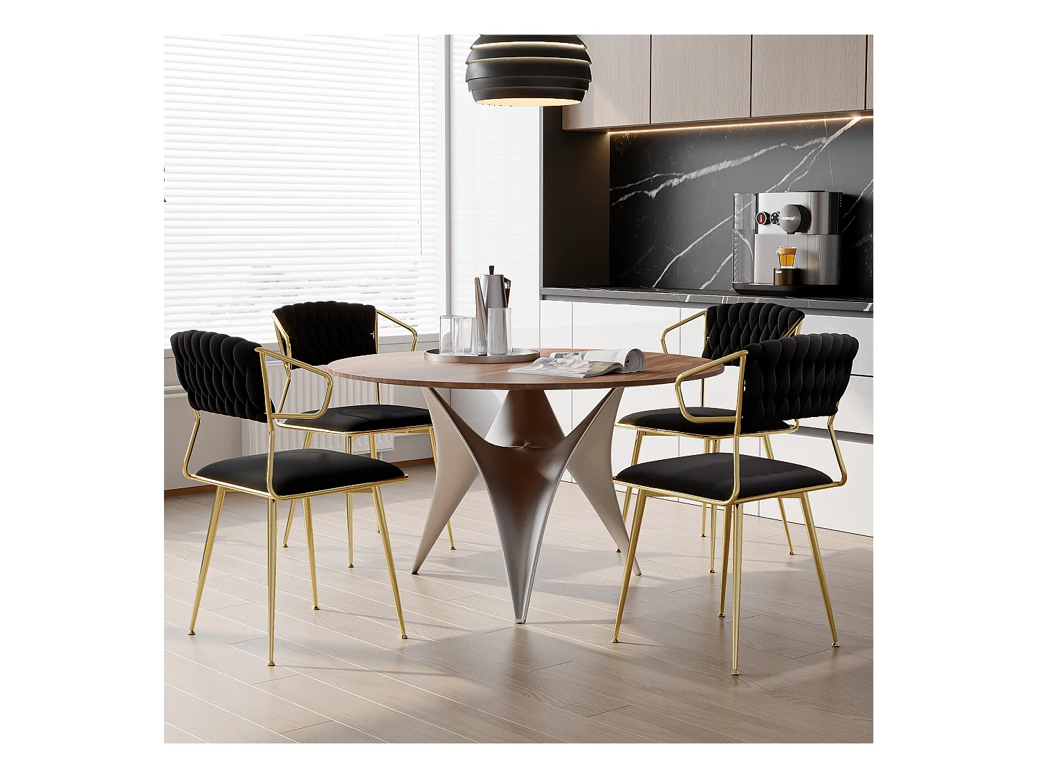 Set di 2 sedie da pranzo in velluto nero con motivo tartarugato, gambe in metallo dorato, design moderno ed elegante