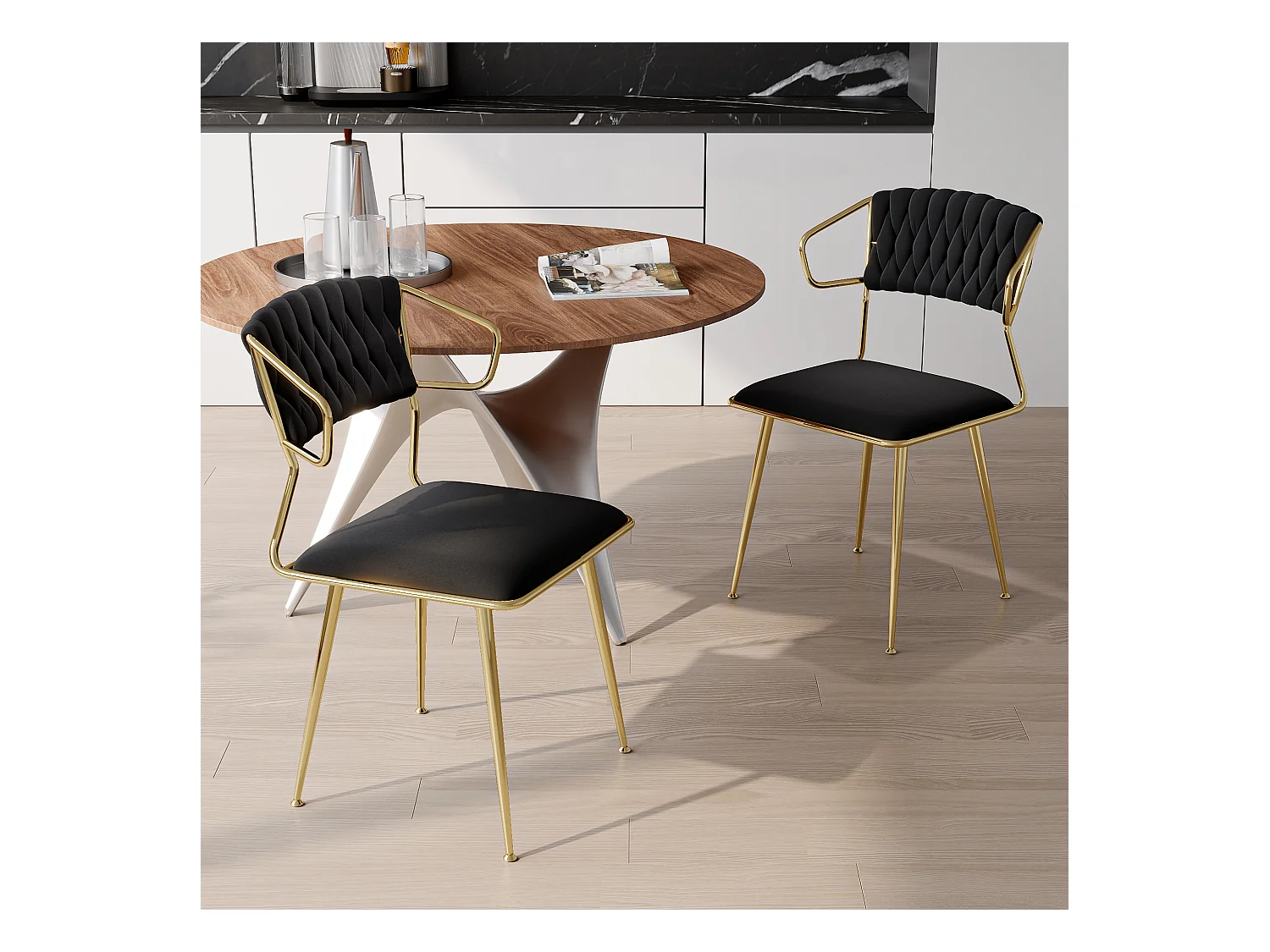 Set di 2 sedie da pranzo in velluto nero con motivo tartarugato, gambe in metallo dorato, design moderno ed elegante