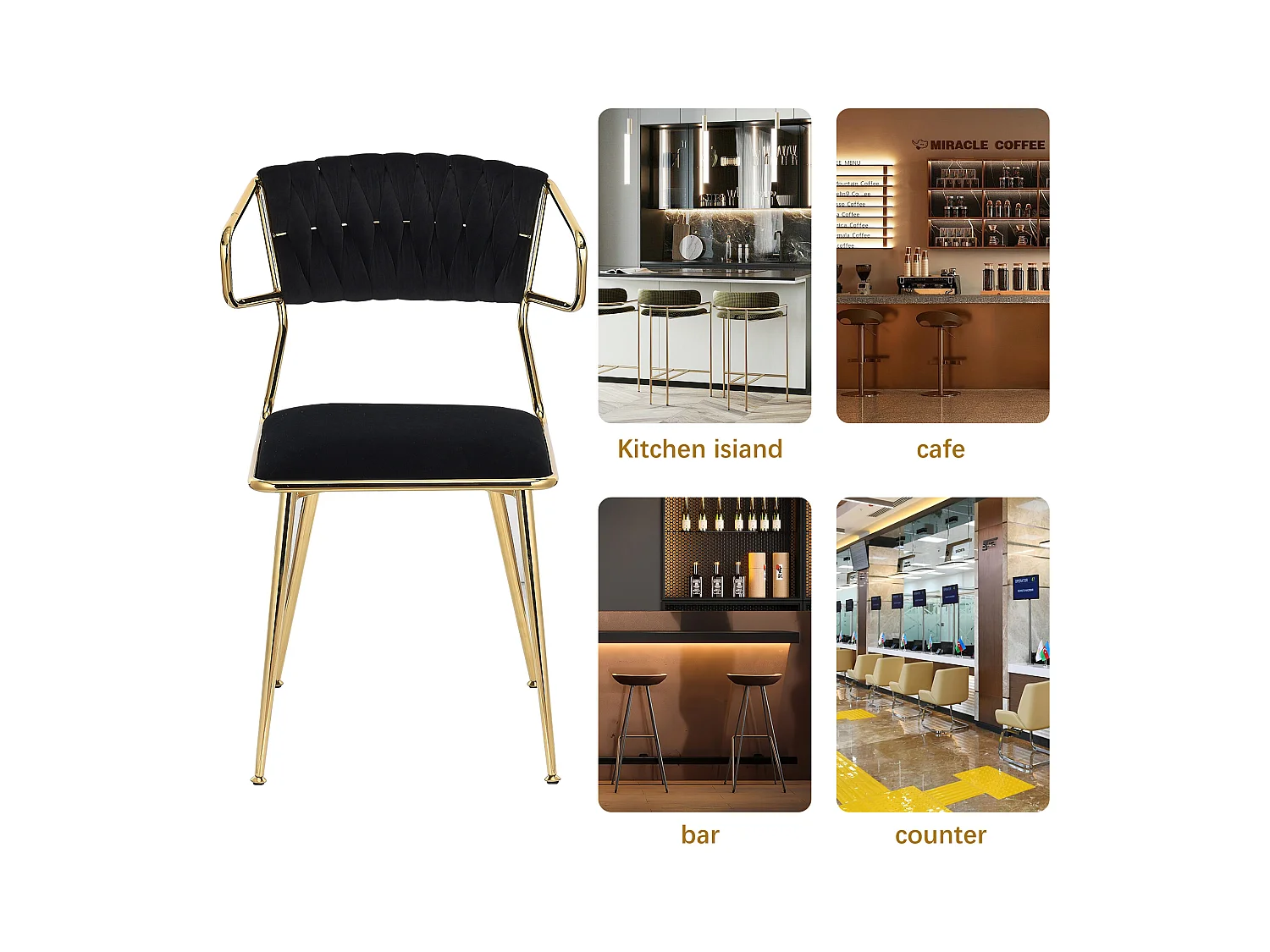 Set di 2 sedie da pranzo in velluto nero con motivo tartarugato, gambe in metallo dorato, design moderno ed elegante