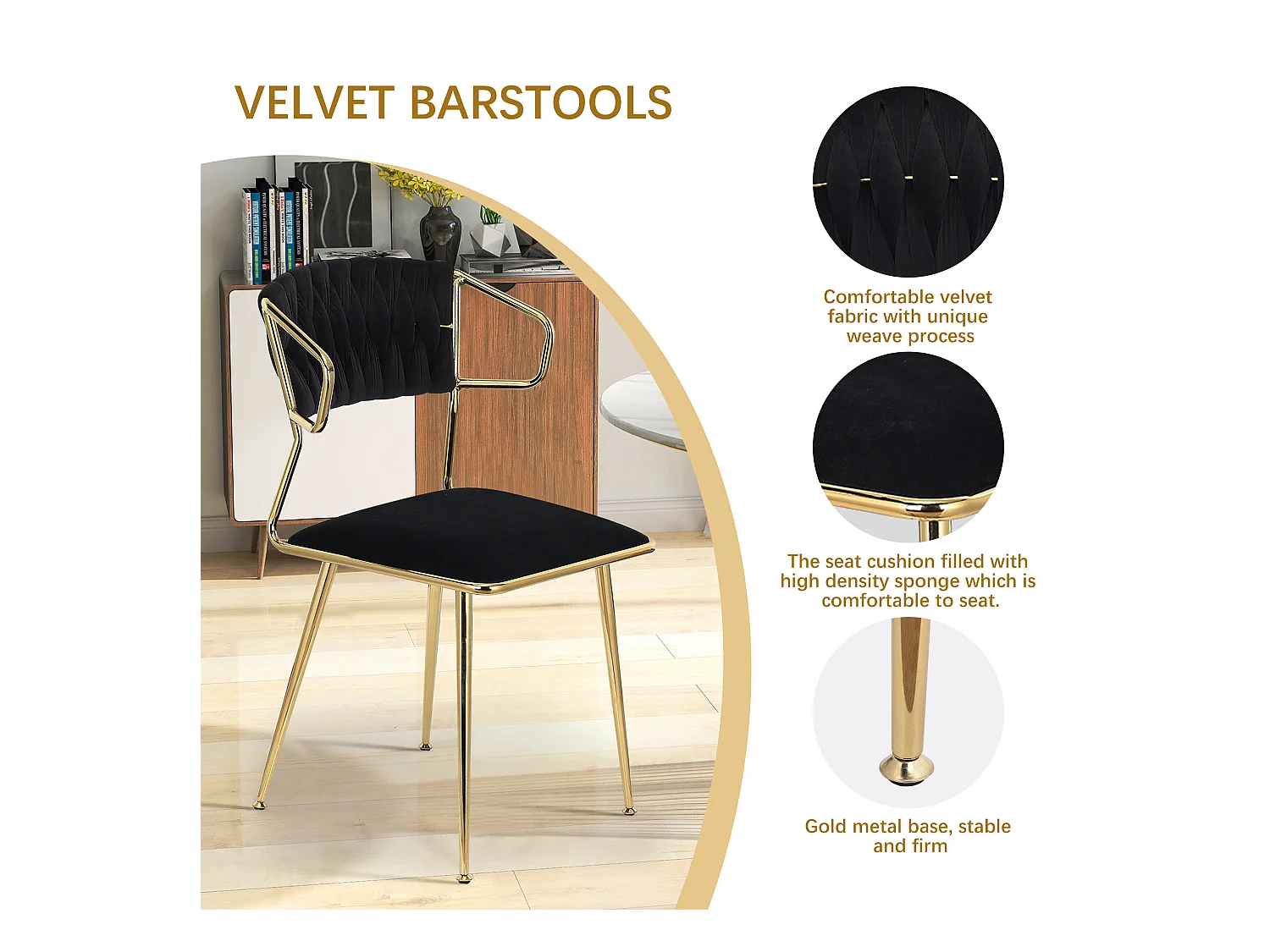 Set di 2 sedie da pranzo in velluto nero con motivo tartarugato, gambe in metallo dorato, design moderno ed elegante