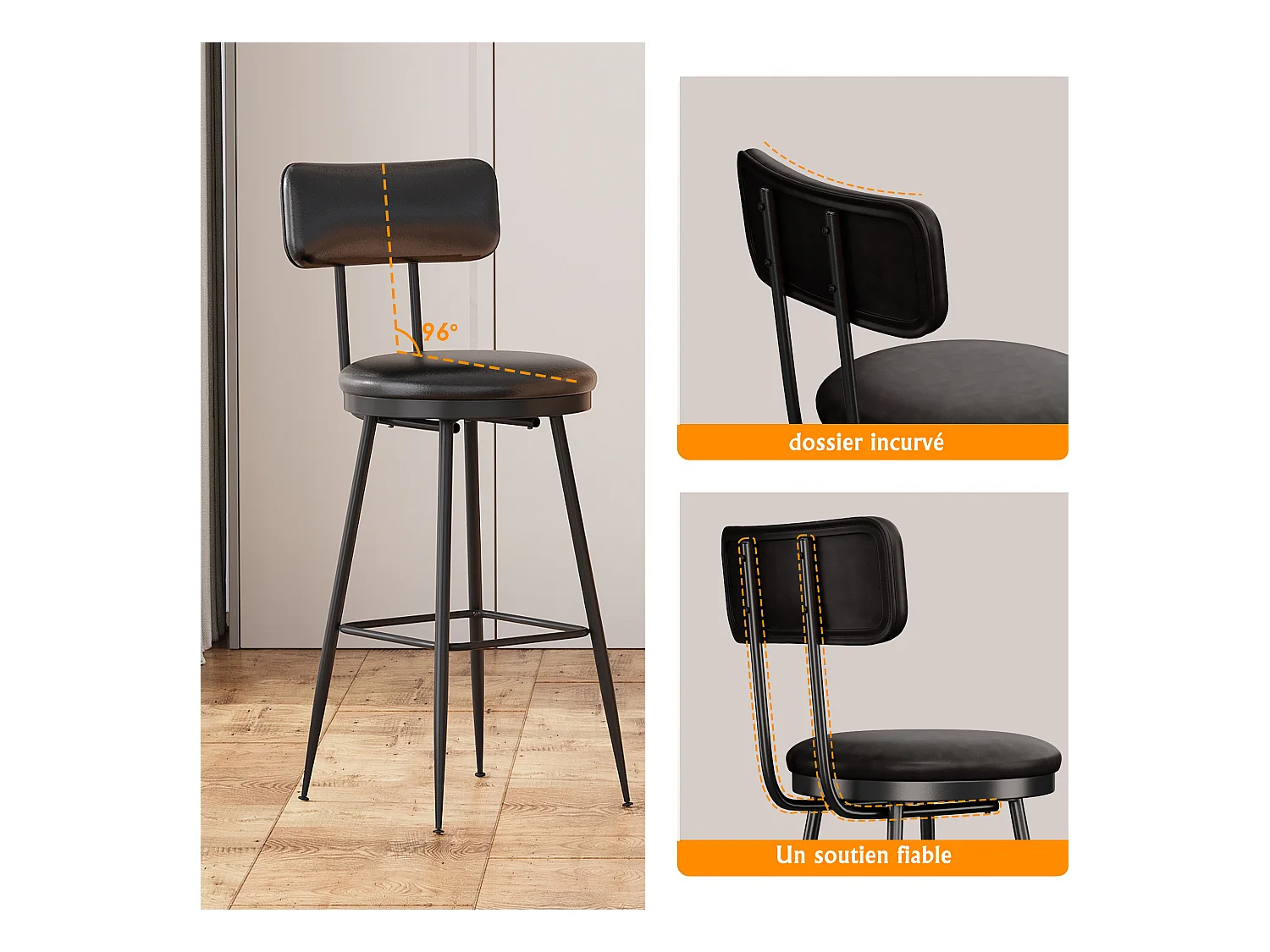 Set di 4 sedie da bar in similpelle nera, design moderno e minimalista con schienale ergonomico, robusta struttura in metallo e seduta comoda