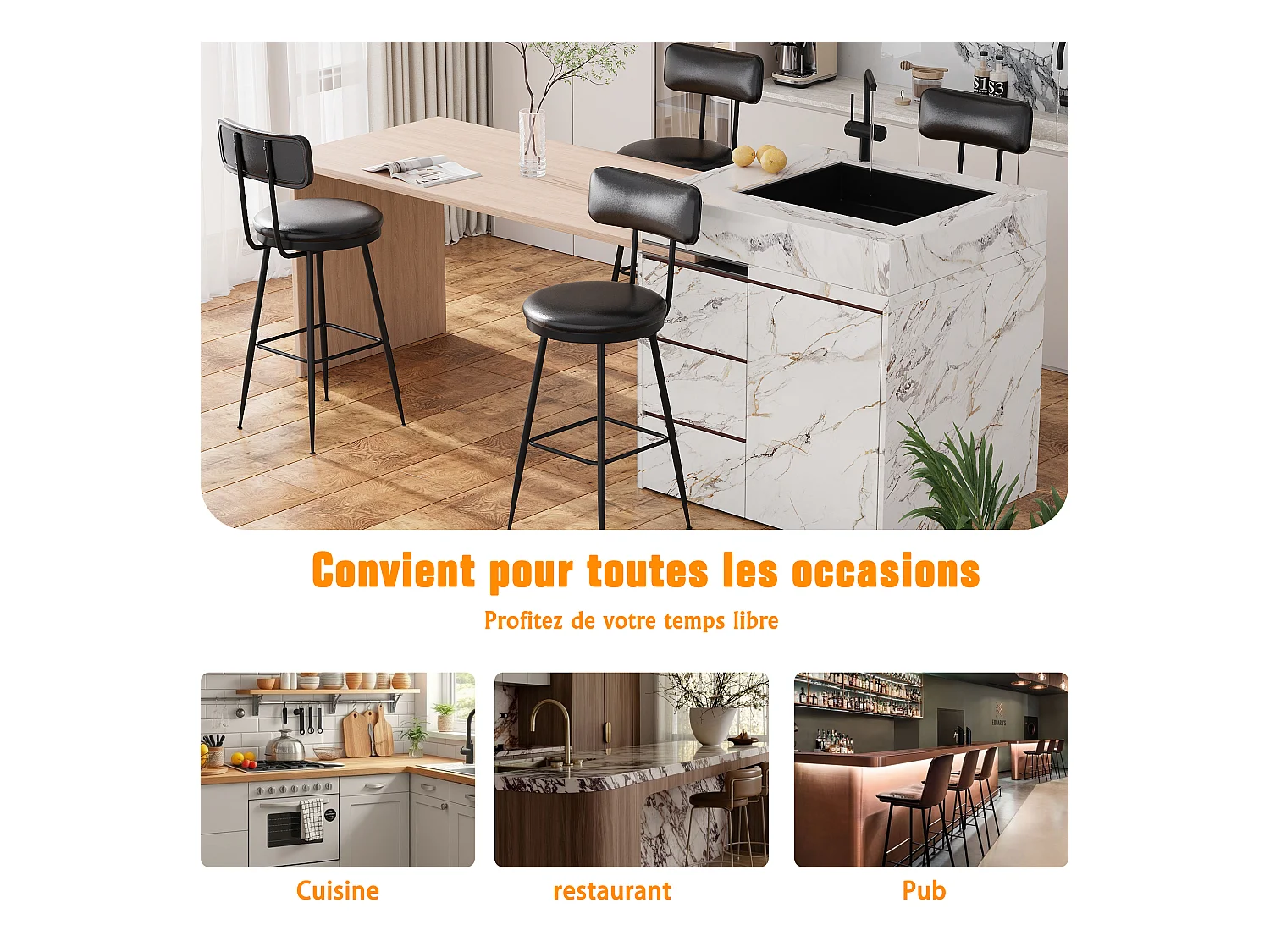 Set di 4 sedie da bar in similpelle nera, design moderno e minimalista con schienale ergonomico, robusta struttura in metallo e seduta comoda
