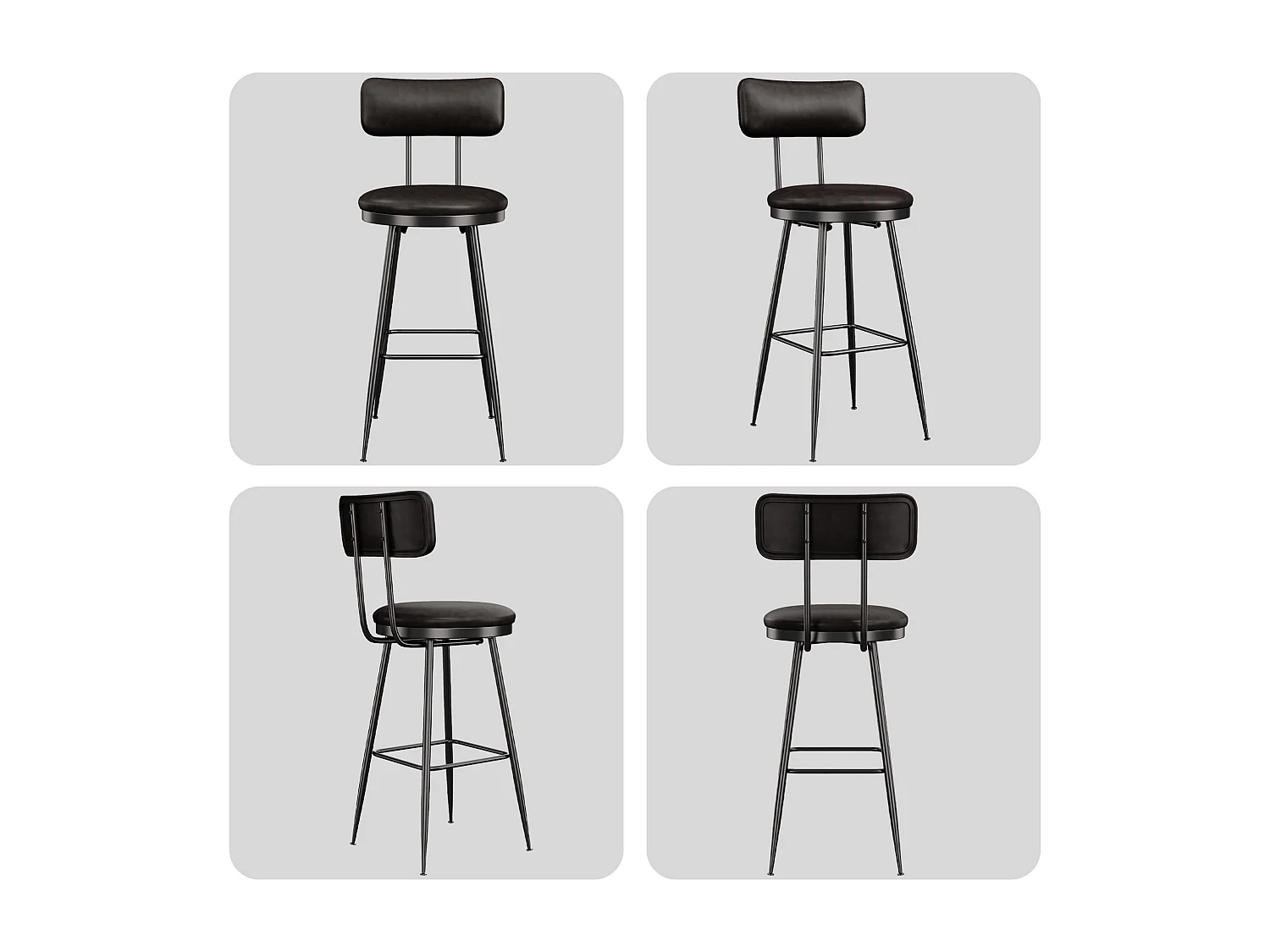 Lot de 4 chaises de bar en similicuir noir, design moderne et minimaliste avec dossier ergonomique, cadre métallique robuste et assise confortable