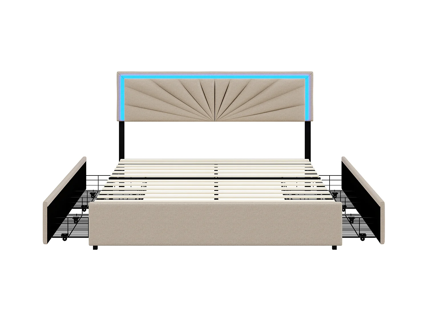 Cama de 160x200 cm con 4 cajones, cabecero con iluminación LED y tapizado en tela beige – Cama moderna con canapé