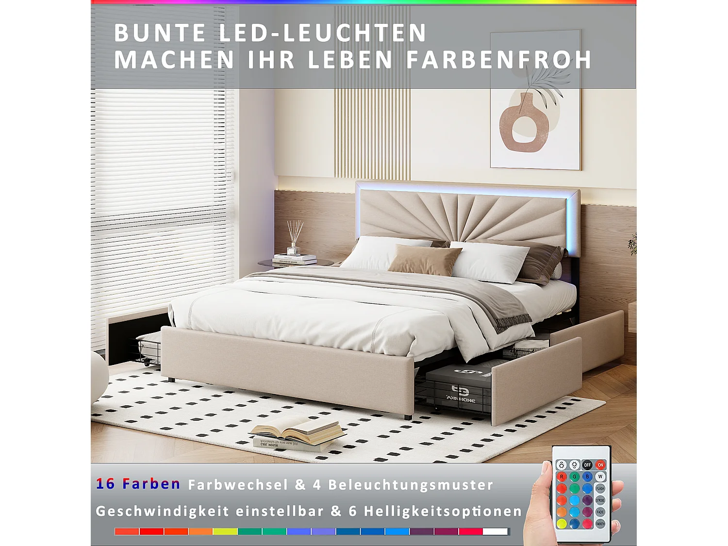Lit 160x200 cm avec 4 tiroirs de rangement, tête de lit avec éclairage LED, revêtement en tissu beige – Lit coffre moderne