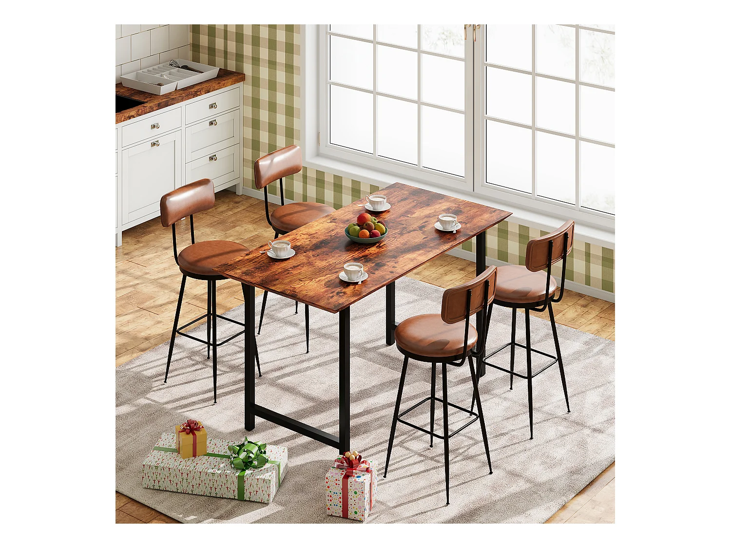 Set van 4 bruine kunstleren barkrukken, modern design met ergonomische rugleuning, stevig metalen frame, comfortabel en makkelijk schoon te maken