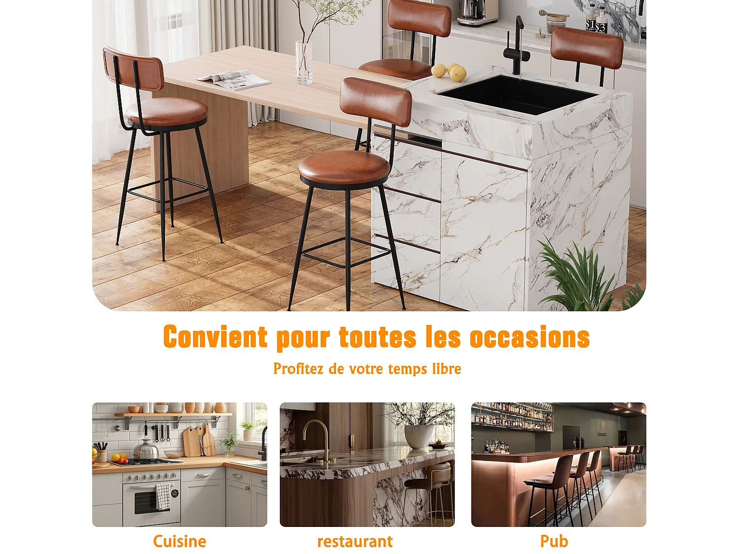 Lot de 4 chaises de bar en similicuir marron, design moderne avec dossier ergonomique, cadre métallique robuste, confortables et faciles à nettoyer