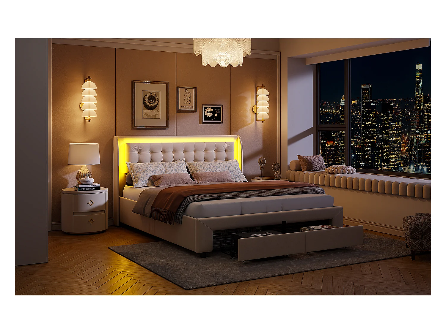 Letto contenitore 140x190 cm in velluto beige con martinetti idraulici, testiera con LED multicolore e cassetto contenitore ai piedi del letto