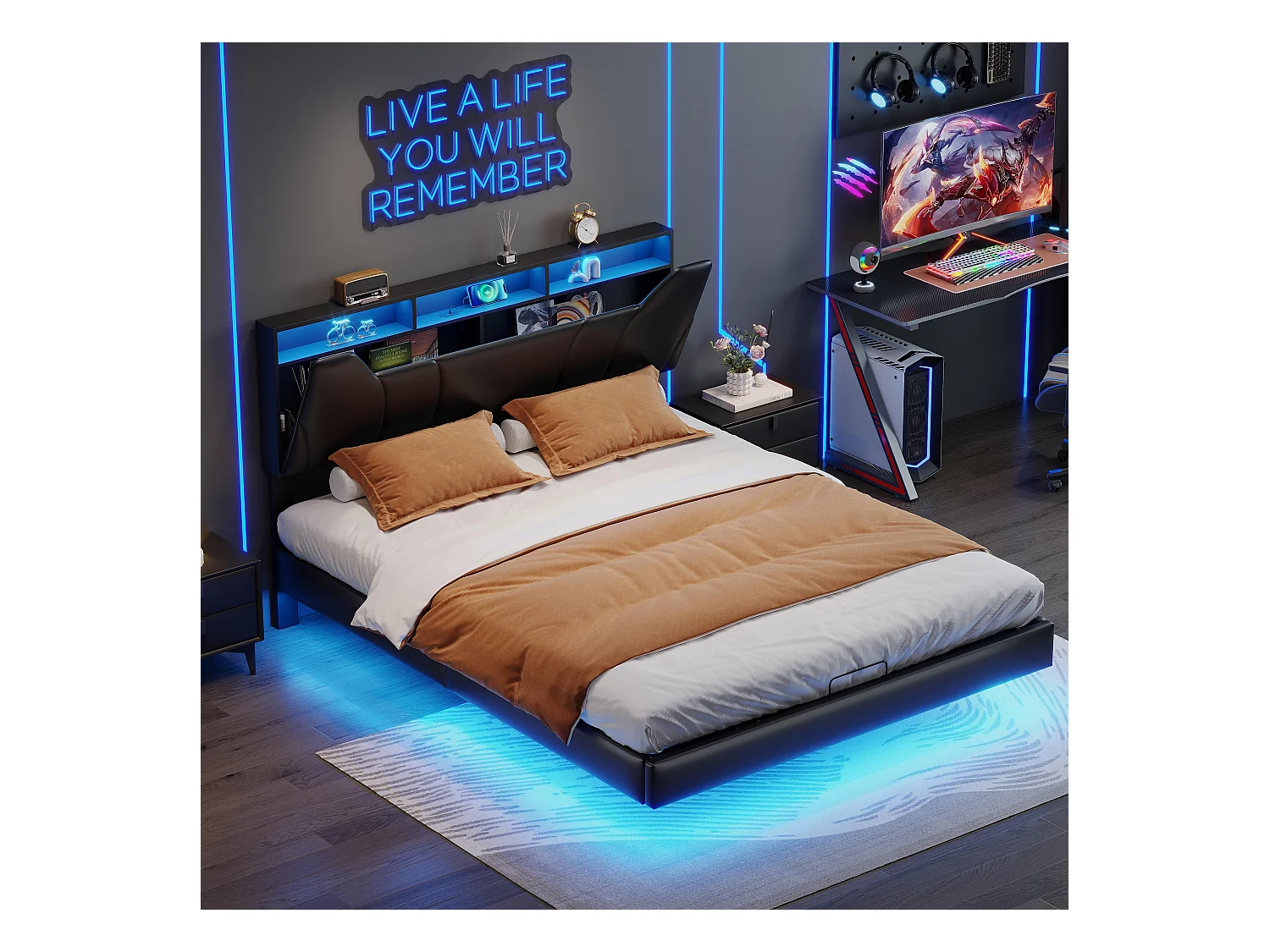 Lit coffre 160x200 cm en tissu noir avec rangement à vérins hydrauliques, bande LED sur tête et cadre de lit, prise intégrée – Lit moderne avec chargeur EU