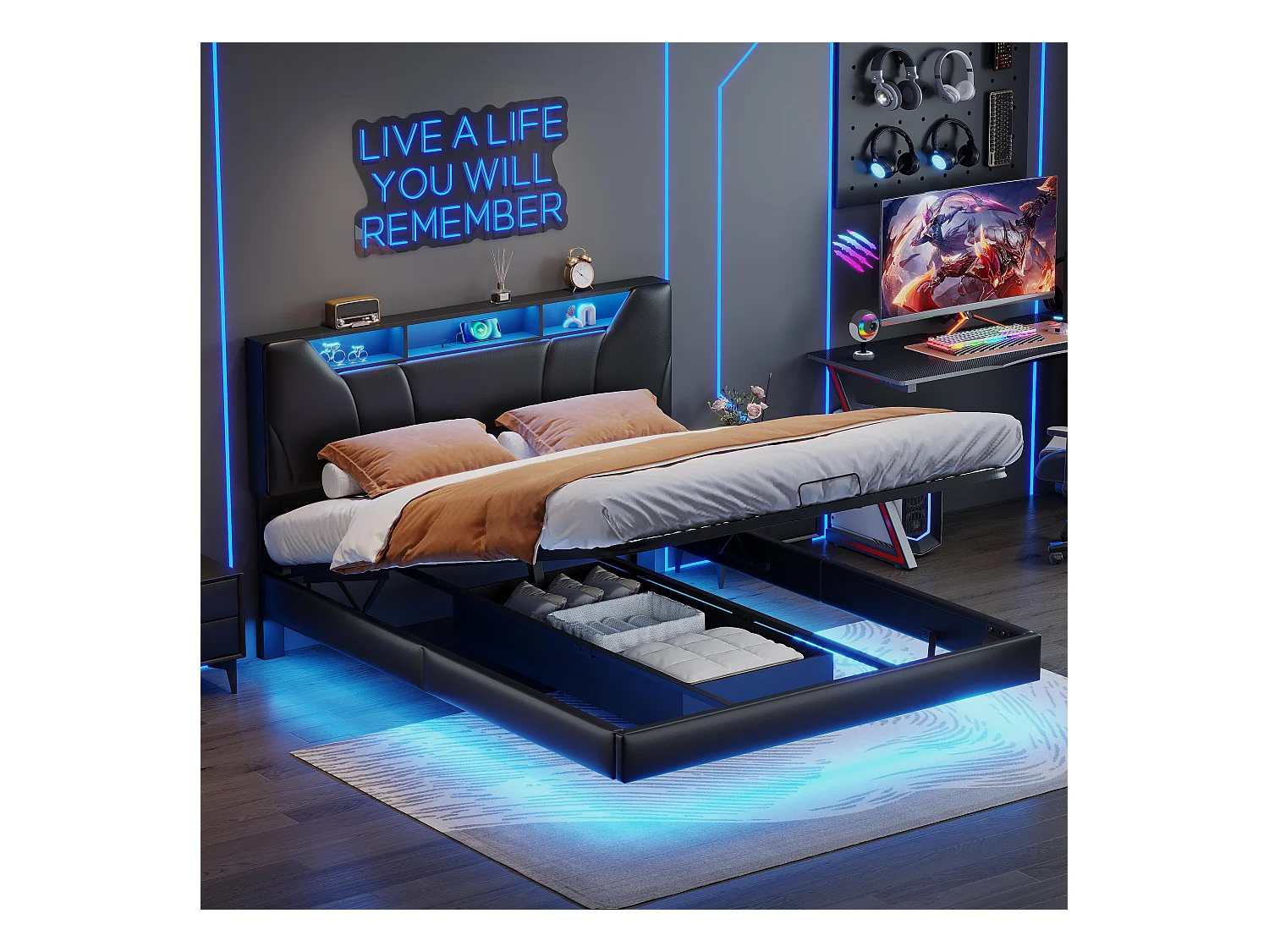 Lit coffre 160x200 cm en tissu noir avec rangement à vérins hydrauliques, bande LED sur tête et cadre de lit, prise intégrée – Lit moderne avec chargeur EU