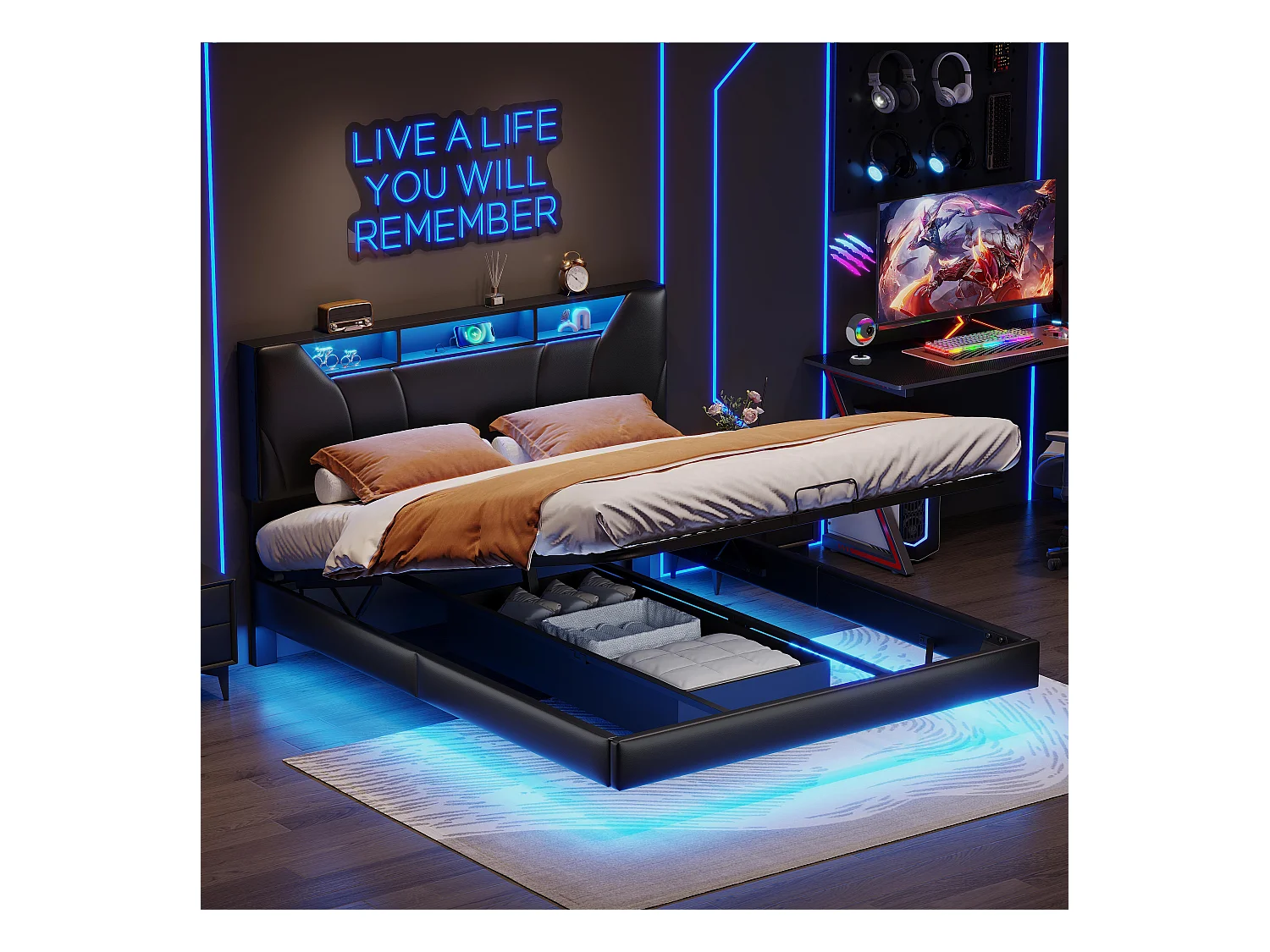 Cama de tela negra de 160x200 cm con canapé, gatos hidráulicos, tira LED en cabecero y estructura, enchufe integrado - Cama moderna con cargador UE