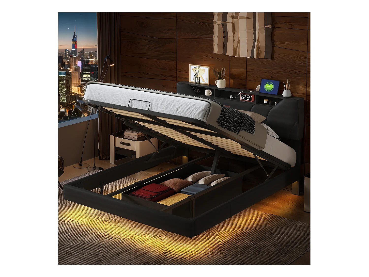 Cama de tela negra de 160x200 cm con canapé, gatos hidráulicos, tira LED en cabecero y estructura, enchufe integrado - Cama moderna con cargador UE