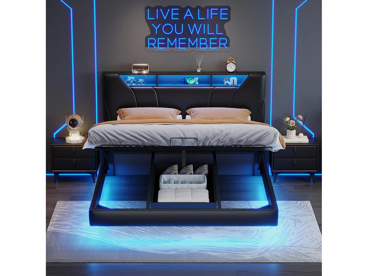 160x200 cm zwart stoffen opbergbed met hydraulische steunen, LED-strip op hoofdeinde en bedframe, geïntegreerd stopcontact - Modern bed met EU-lader