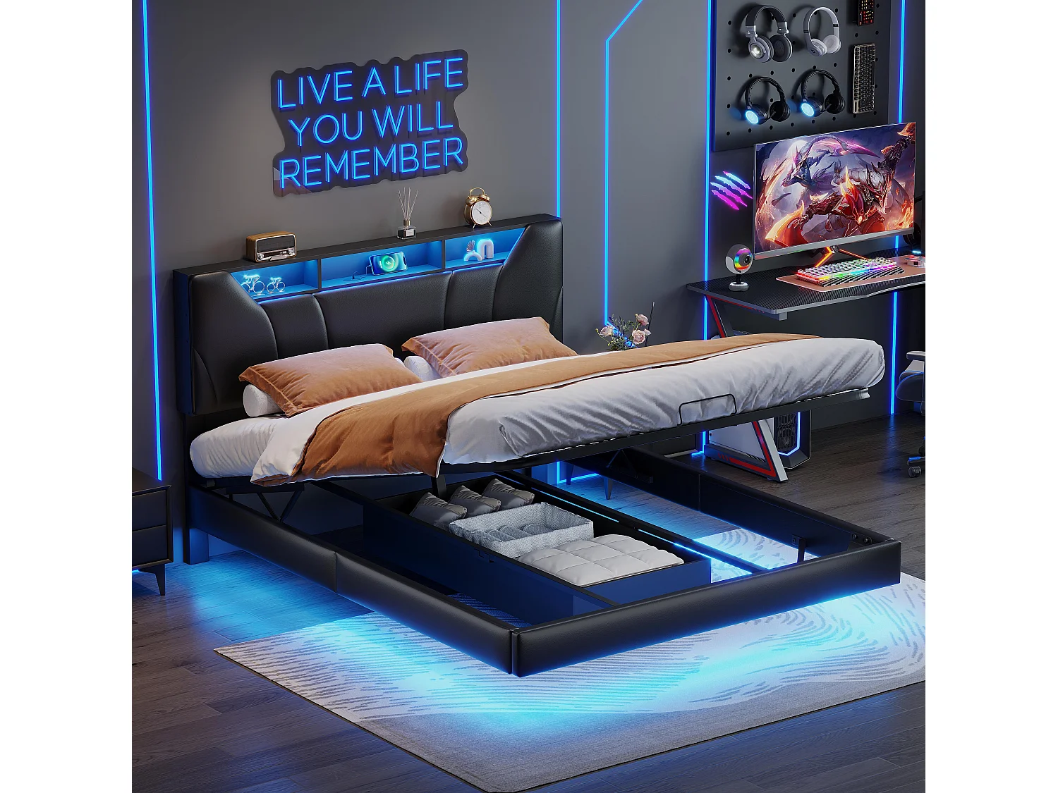 160x200 cm zwart stoffen opbergbed met hydraulische steunen, LED-strip op hoofdeinde en bedframe, geïntegreerd stopcontact - Modern bed met EU-lader