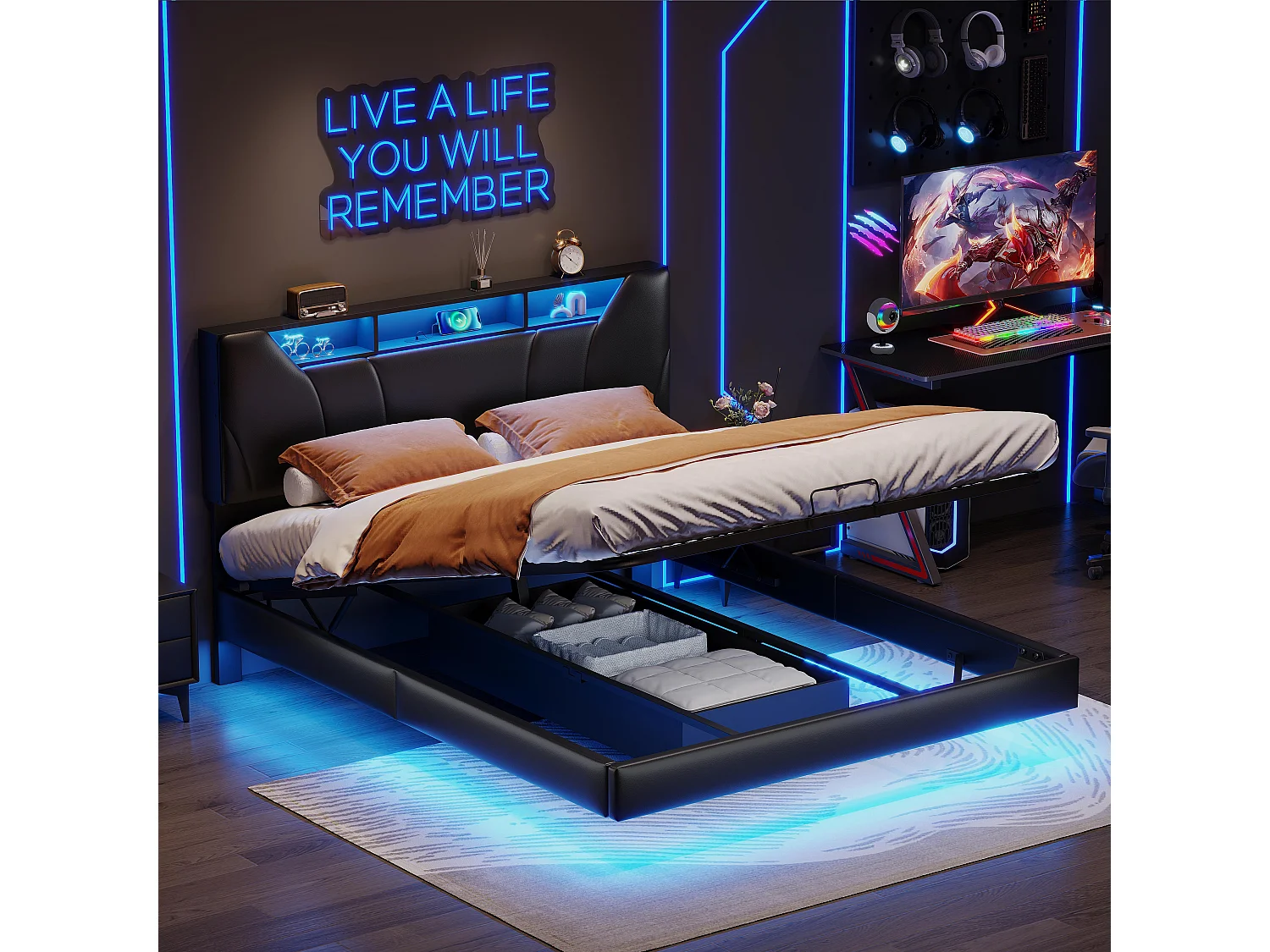 160x200 cm zwart stoffen opbergbed met hydraulische steunen, LED-strip op hoofdeinde en bedframe, geïntegreerd stopcontact - Modern bed met EU-lader