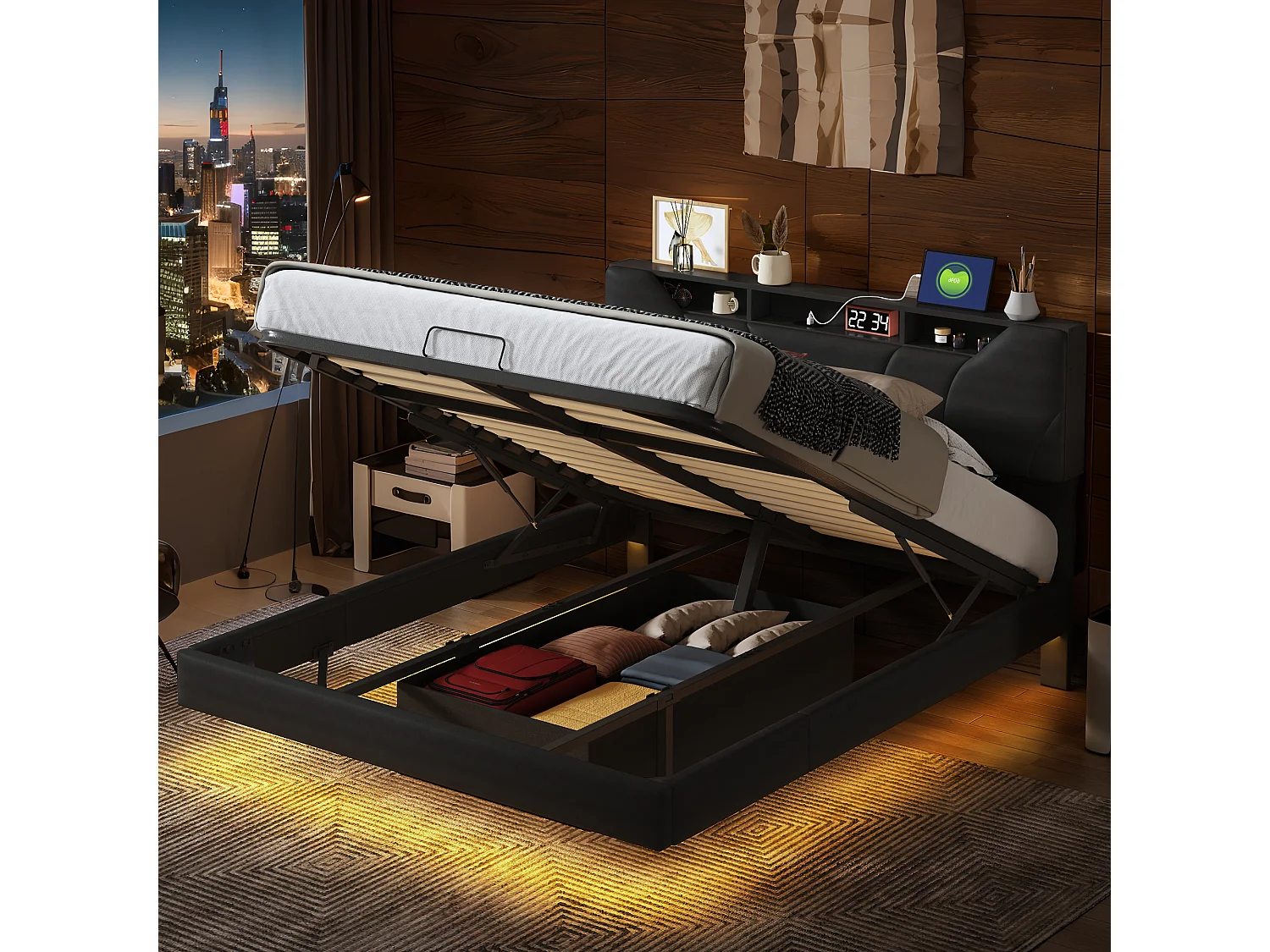 160x200 cm zwart stoffen opbergbed met hydraulische steunen, LED-strip op hoofdeinde en bedframe, geïntegreerd stopcontact - Modern bed met EU-lader