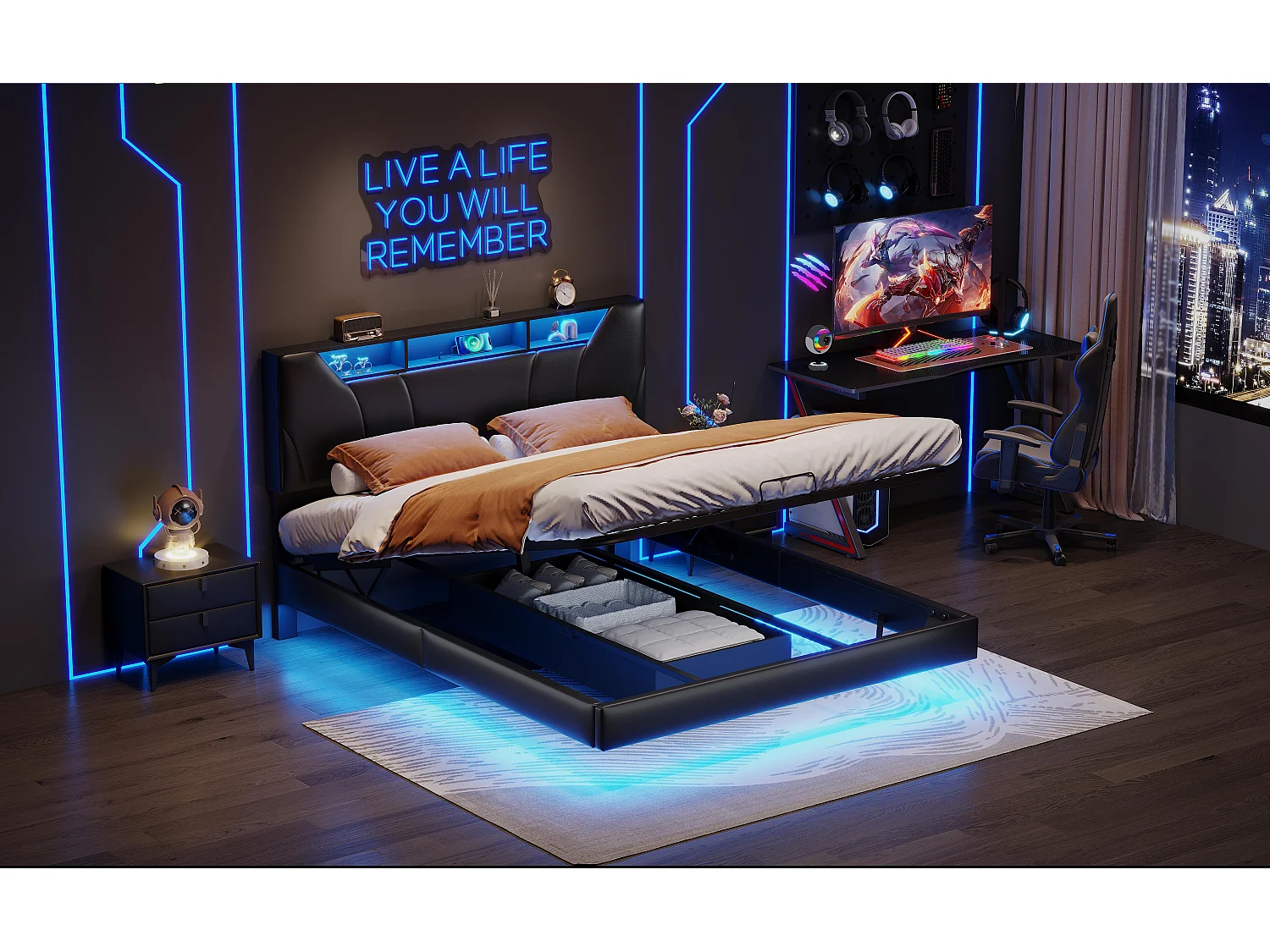 160x200 cm zwart stoffen opbergbed met hydraulische steunen, LED-strip op hoofdeinde en bedframe, geïntegreerd stopcontact - Modern bed met EU-lader