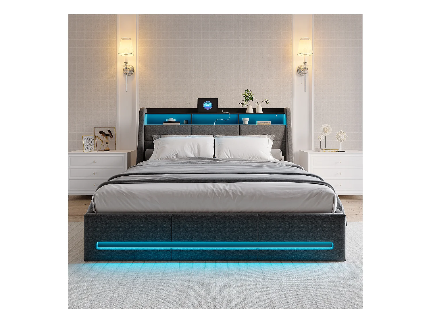 Cama con canapé de 160x200 cm en tela gris, almacenaje hidráulico, mando a distancia y app LED multicolor, cabecero con enchufe y espacio de almacenaje.