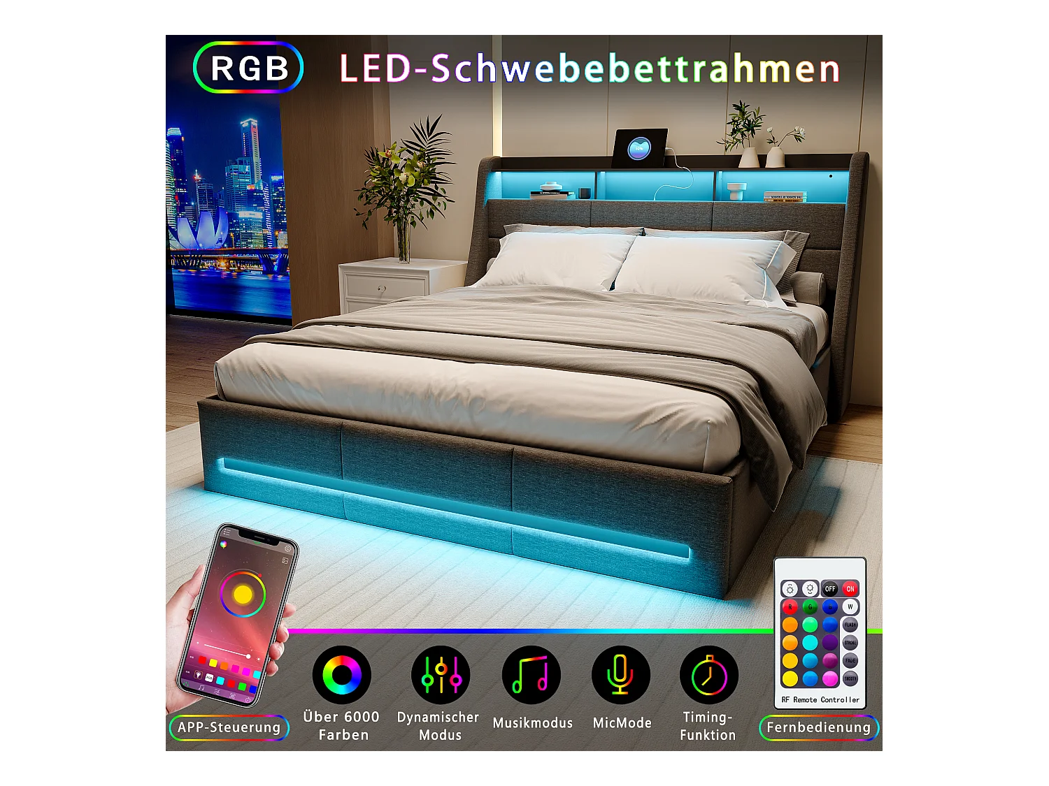 Cama con canapé de 160x200 cm en tela gris, almacenaje hidráulico, mando a distancia y app LED multicolor, cabecero con enchufe y espacio de almacenaje.