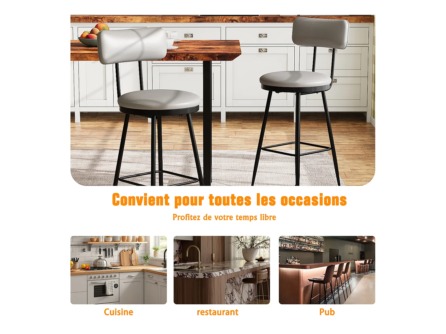 Set van 4 grijze kunstleren barkrukken, modern en minimalistisch design met ergonomische rugleuning, stevig metalen frame en comfortabele zitting