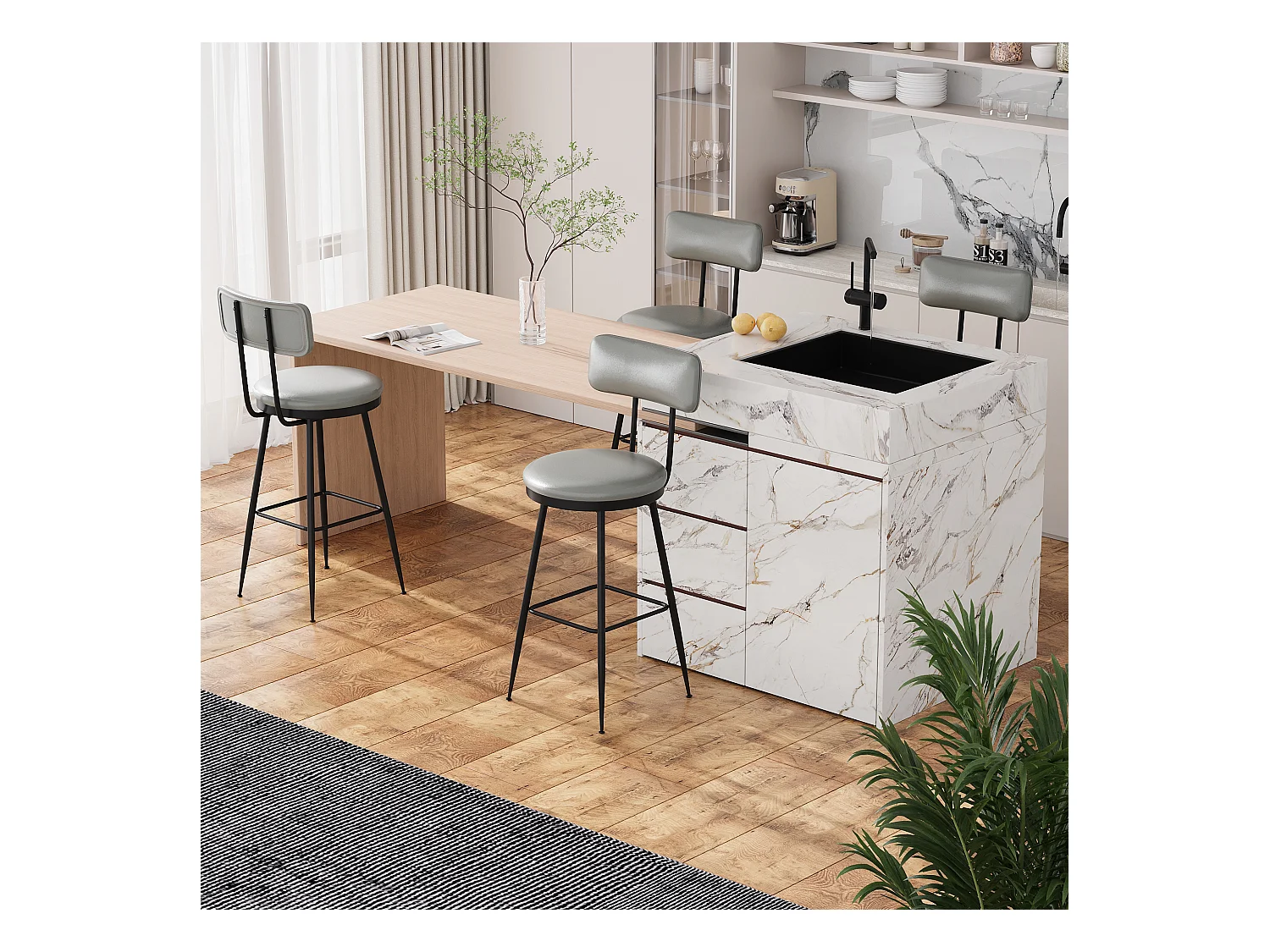 Lot de 4 chaises de bar en similicuir gris , design moderne et minimaliste avec dossier ergonomique, cadre métallique robuste et assise confortable