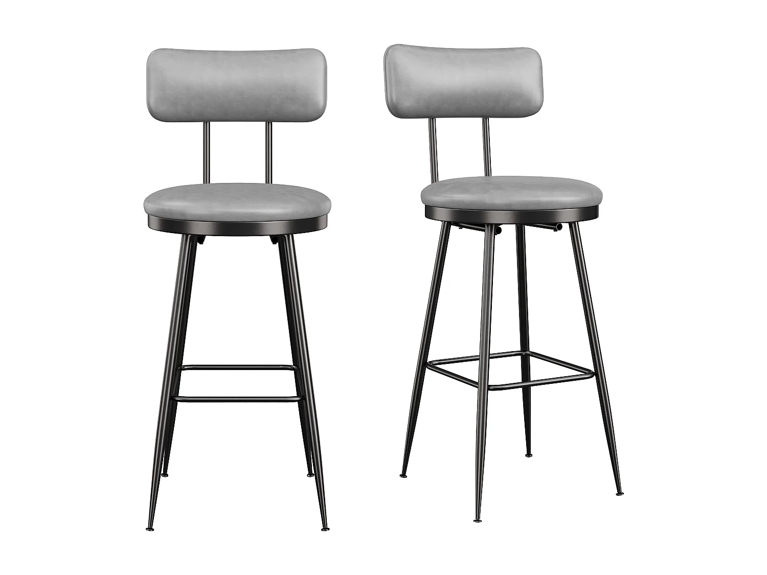 Juego de 4 sillas de bar de piel sintética gris, diseño moderno y minimalista con respaldo ergonómico, estructura de metal resistente y asiento cómodo.