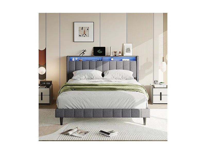Lit coffre 140x200 cm en lin gris avec tête de lit LED, prises USB & Type-C intégrées et grand espace de rangement