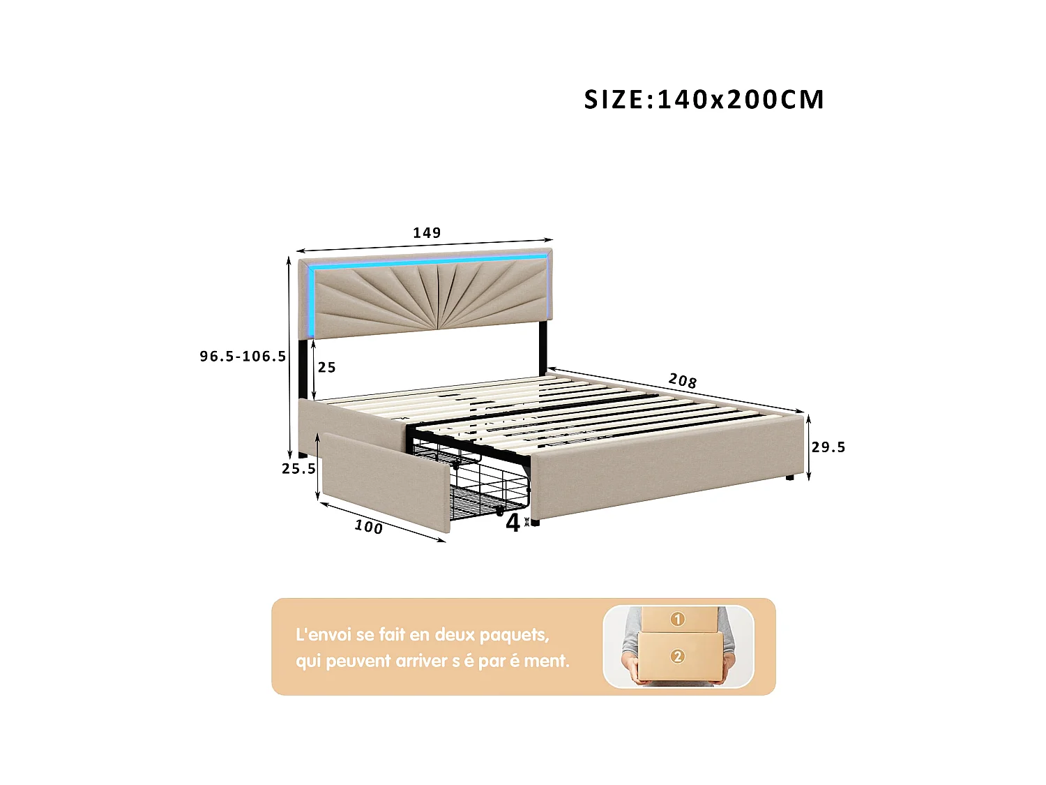 Letto 160x200 cm con 4 cassetti contenitori, testiera con illuminazione a LED, rivestimento in tessuto beige – Letto contenitore moderno
