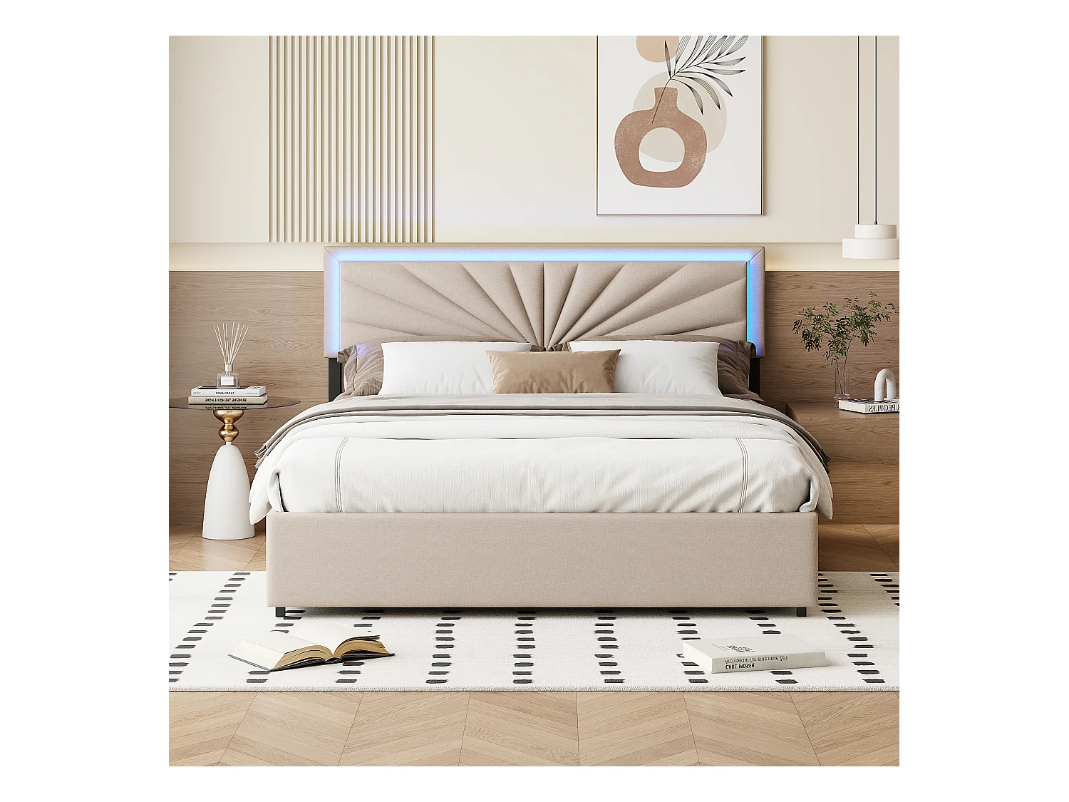 Letto 160x200 cm con 4 cassetti contenitori, testiera con illuminazione a LED, rivestimento in tessuto beige – Letto contenitore moderno