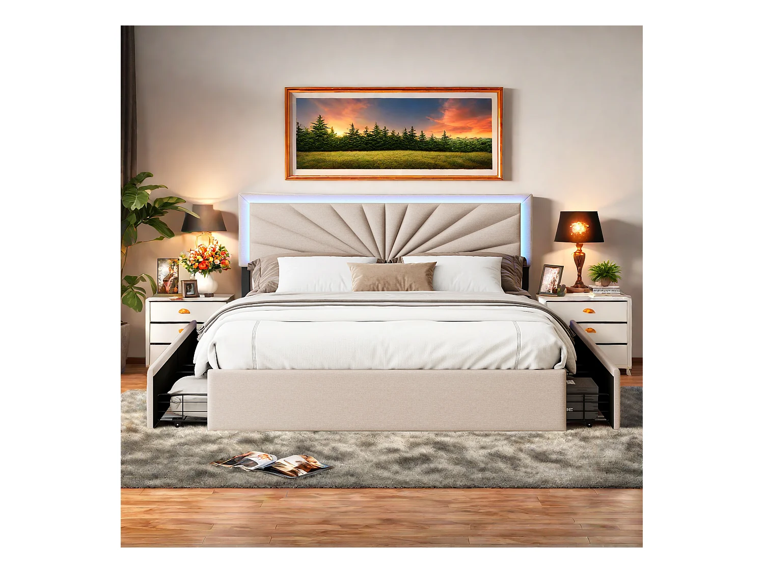 Lit 160x200 cm avec 4 tiroirs de rangement, tête de lit avec éclairage LED, revêtement en tissu beige – Lit coffre moderne