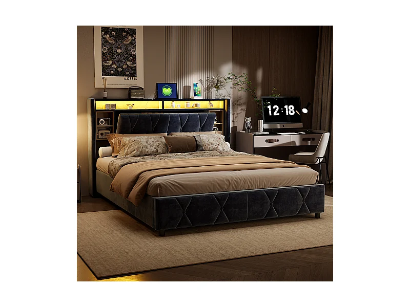 Lit coffre 140x200 cm en velours gris avec tête de lit LED 7 couleurs, prises intégrées (USB + Type-C + EU), rangements pratiques et vérins hydrauliques