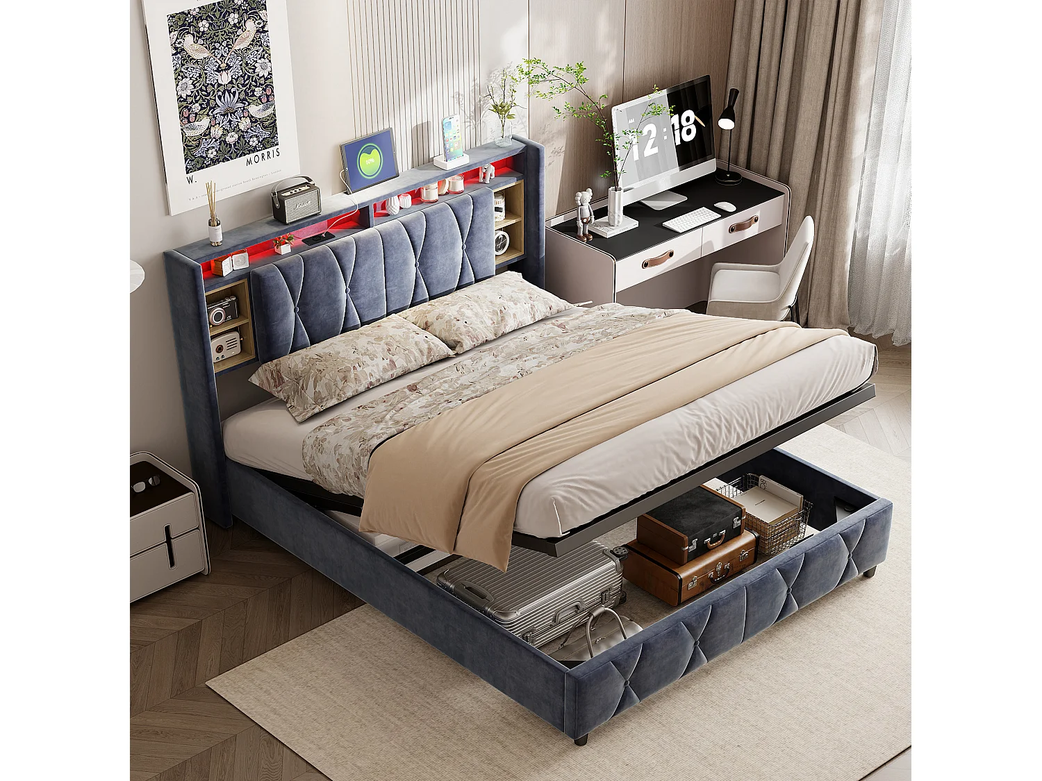 Lit coffre 140x200 cm en velours gris avec tête de lit LED 7 couleurs, prises intégrées (USB + Type-C + EU), rangements pratiques et vérins hydrauliques