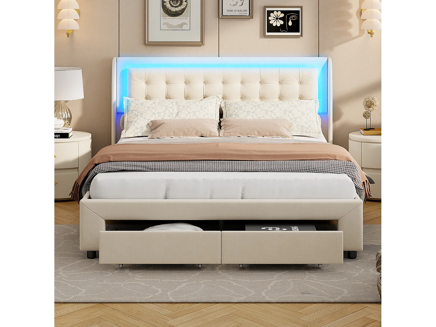 Lit coffre 180x200 cm en velours beige avec vérins hydrauliques, tête de lit LED multicolore et tiroir de rangement intégré