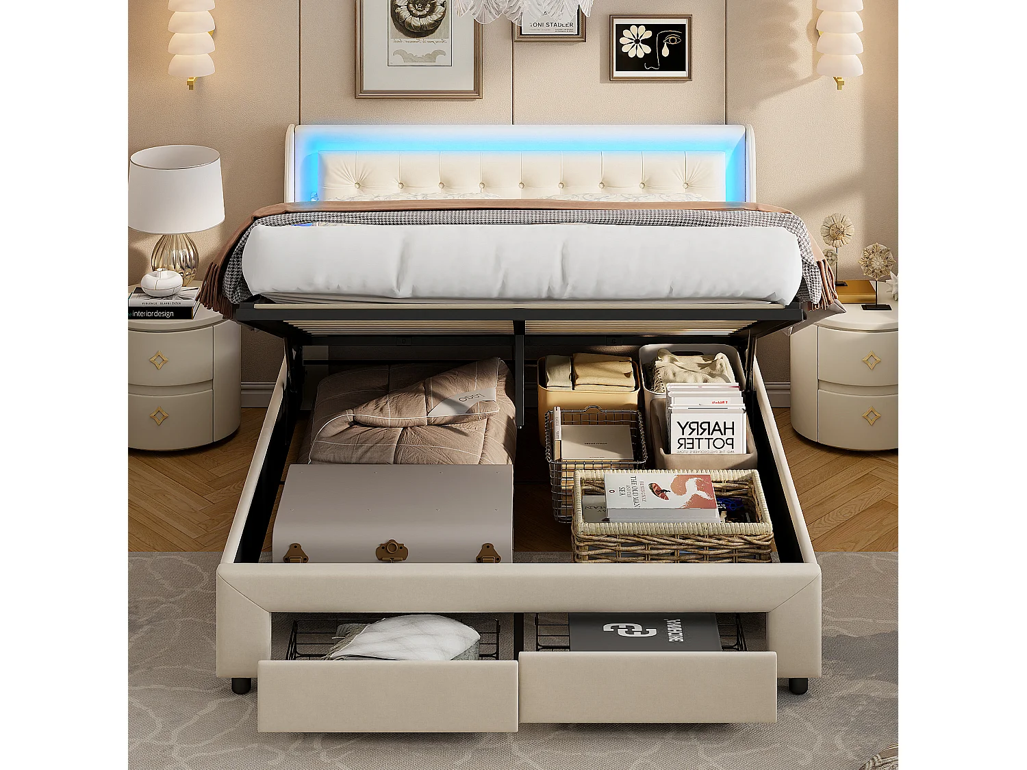 Lit coffre 180x200 cm en velours beige avec vérins hydrauliques, tête de lit LED multicolore et tiroir de rangement intégré