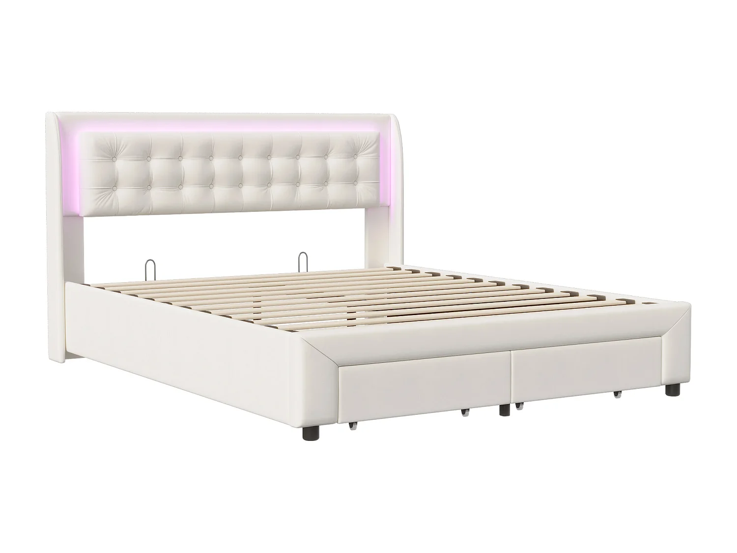 Lit coffre 180x200 cm en velours beige avec vérins hydrauliques, tête de lit LED multicolore et tiroir de rangement intégré