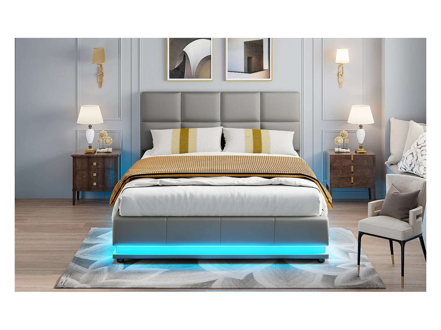 Hydraulisch LED-opbergbed 140x200 cm in grijs imitatieleer met afstandsbediening - Modern bed met opbergruimte, stevige metalen constructie, eenvoudig te monteren