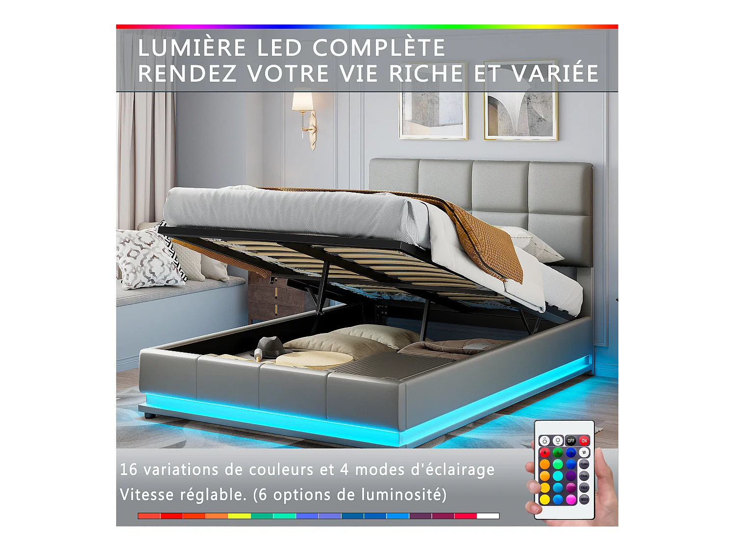 Hydraulisch LED-opbergbed 140x200 cm in grijs imitatieleer met afstandsbediening - Modern bed met opbergruimte, stevige metalen constructie, eenvoudig te monteren
