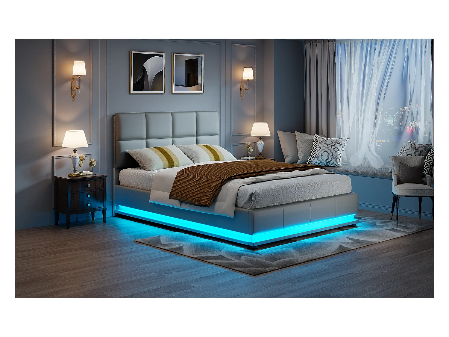 Canapé hidráulico LED 140x200 cm en polipiel gris con mando a distancia - Cama moderna con canapé, estructura metálica robusta, fácil de montar