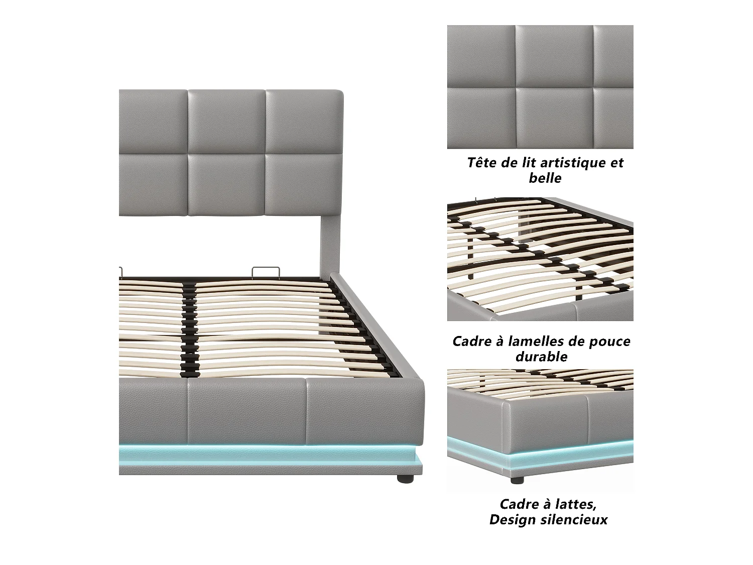 Canapé hidráulico LED 140x200 cm en polipiel gris con mando a distancia - Cama moderna con canapé, estructura metálica robusta, fácil de montar