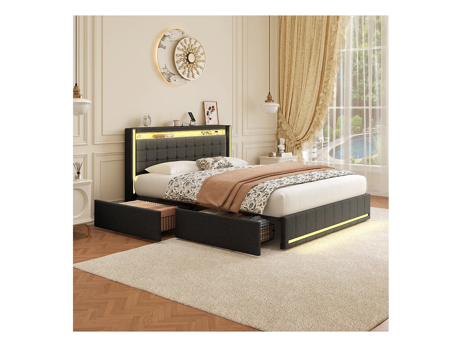 Lit double 140x200 cm en tissu lin gris foncé avec LED intégrées, tête et pied de lit lumineux, 4 tiroirs de rangement, ports USB & Type-C