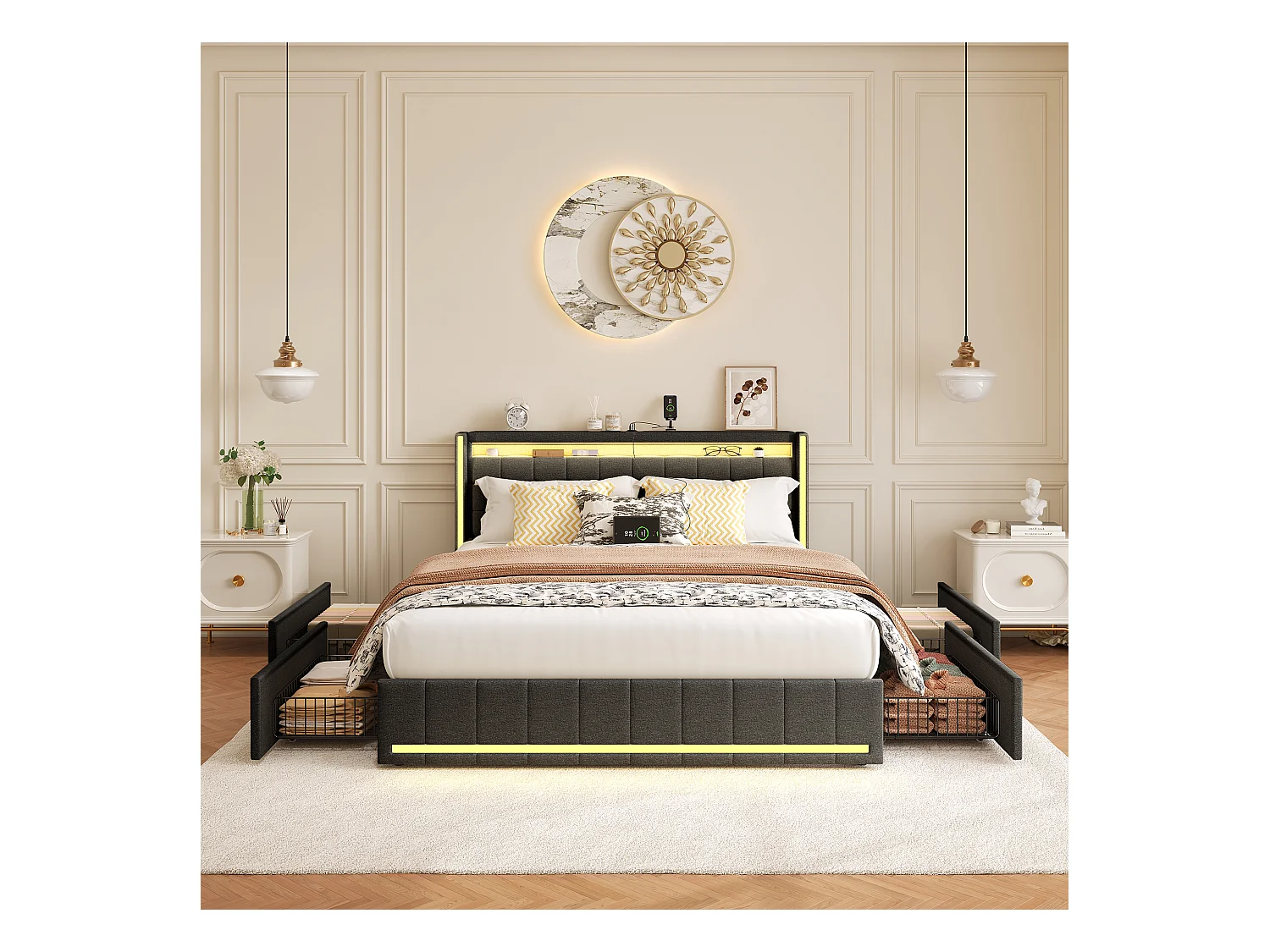 Lit double 140x200 cm en tissu lin gris foncé avec LED intégrées, tête et pied de lit lumineux, 4 tiroirs de rangement, ports USB & Type-C