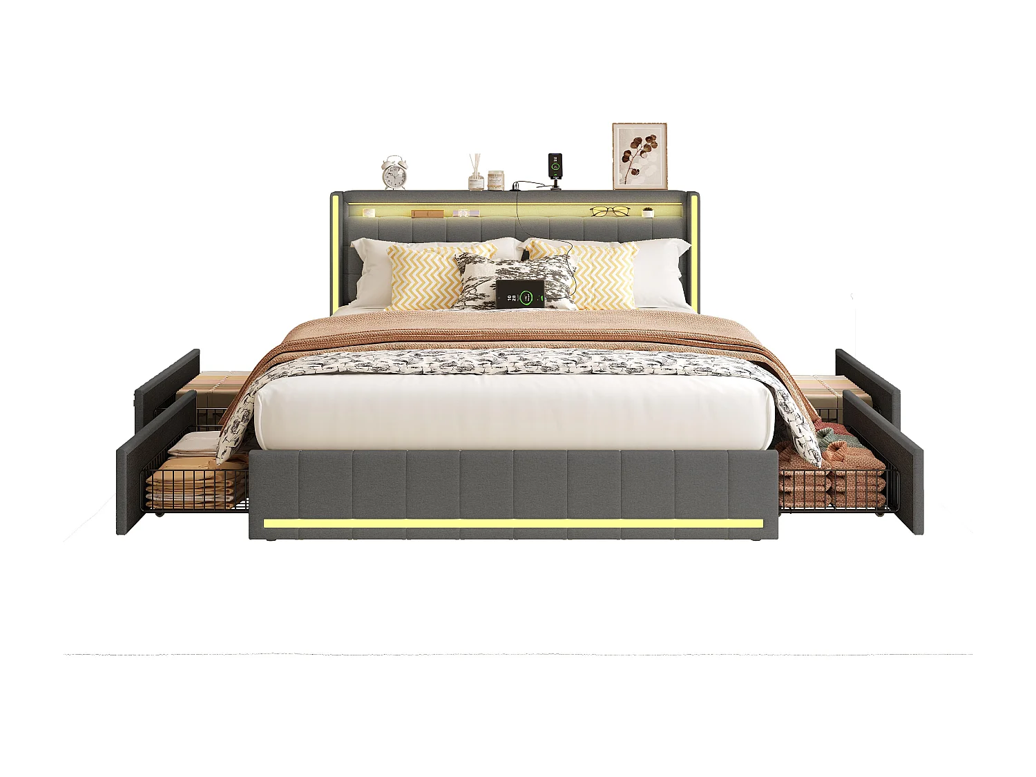 Lit double 140x200 cm en tissu lin gris foncé avec LED intégrées, tête et pied de lit lumineux, 4 tiroirs de rangement, ports USB & Type-C