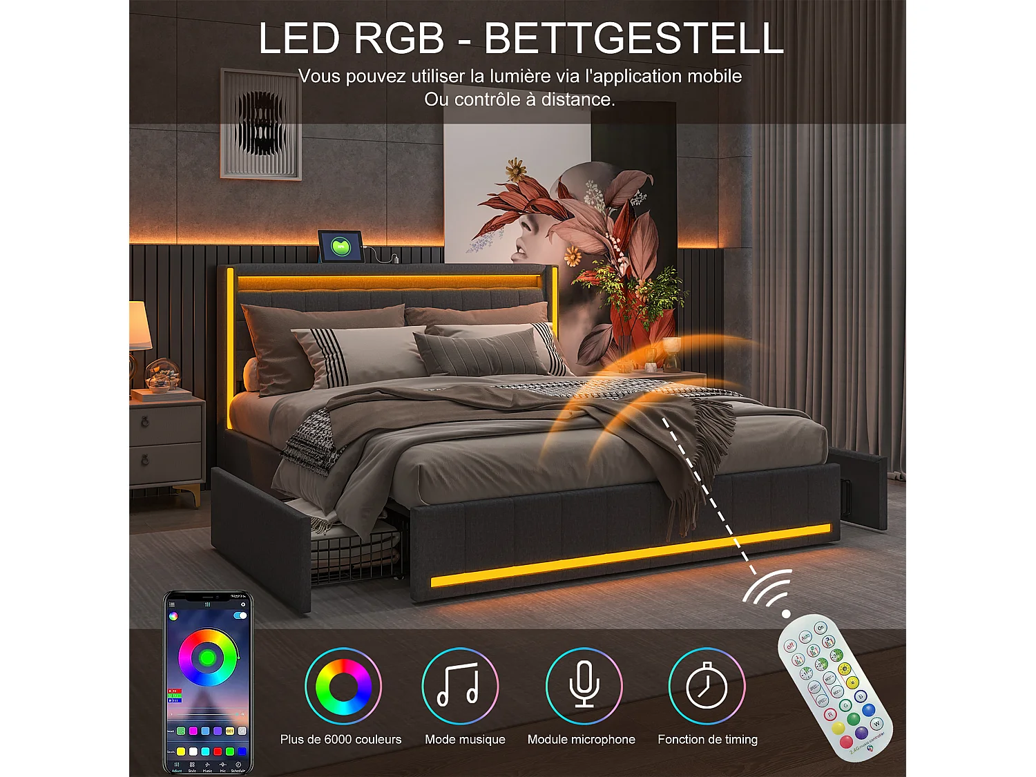 Lit double 140x200 cm en tissu lin gris foncé avec LED intégrées, tête et pied de lit lumineux, 4 tiroirs de rangement, ports USB & Type-C