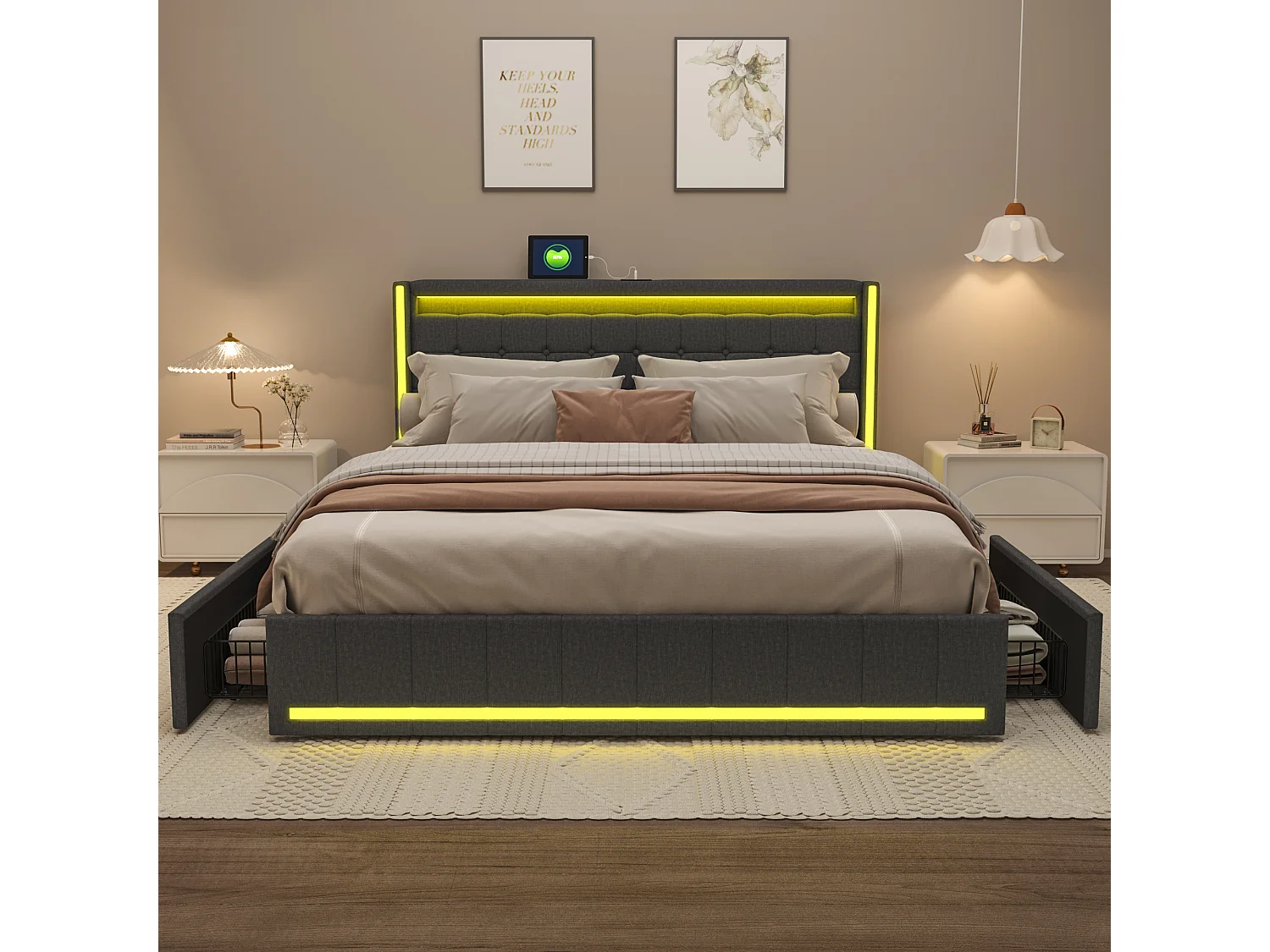 Lit double 140x200 cm en tissu lin gris foncé avec LED intégrées, tête et pied de lit lumineux, 4 tiroirs de rangement, ports USB & Type-C