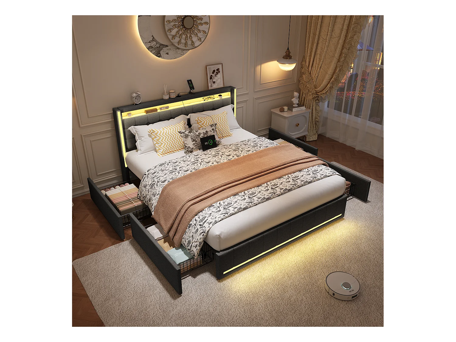 Cama de casal 140x200 cm em tecido de linho cinza escuro com LEDs integrados, cabeceira e peseira iluminadas, 4 gavetas de armazenamento, portas USB e Tipo C