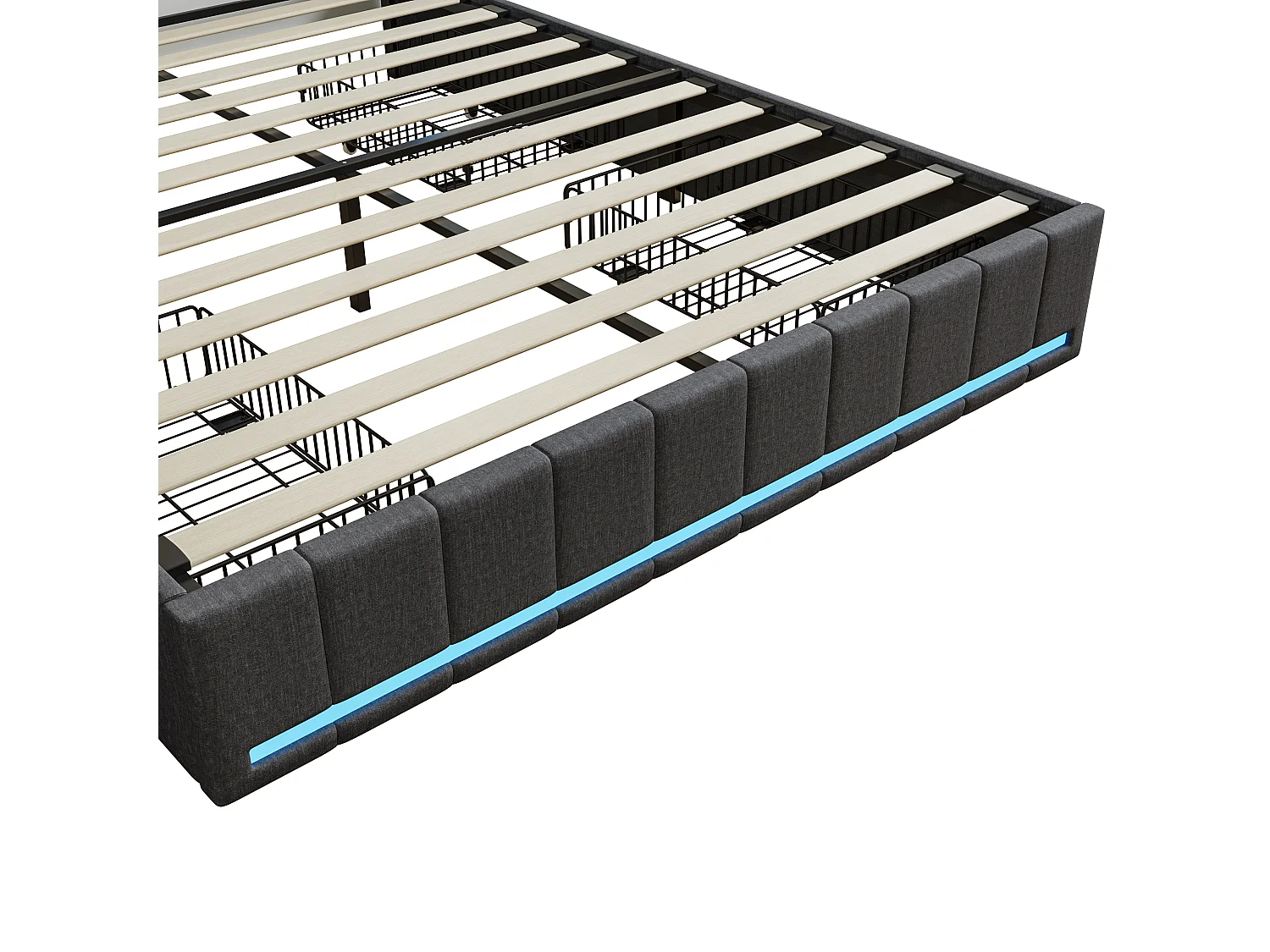 Cama de casal 140x200 cm em tecido de linho cinza escuro com LEDs integrados, cabeceira e peseira iluminadas, 4 gavetas de armazenamento, portas USB e Tipo C