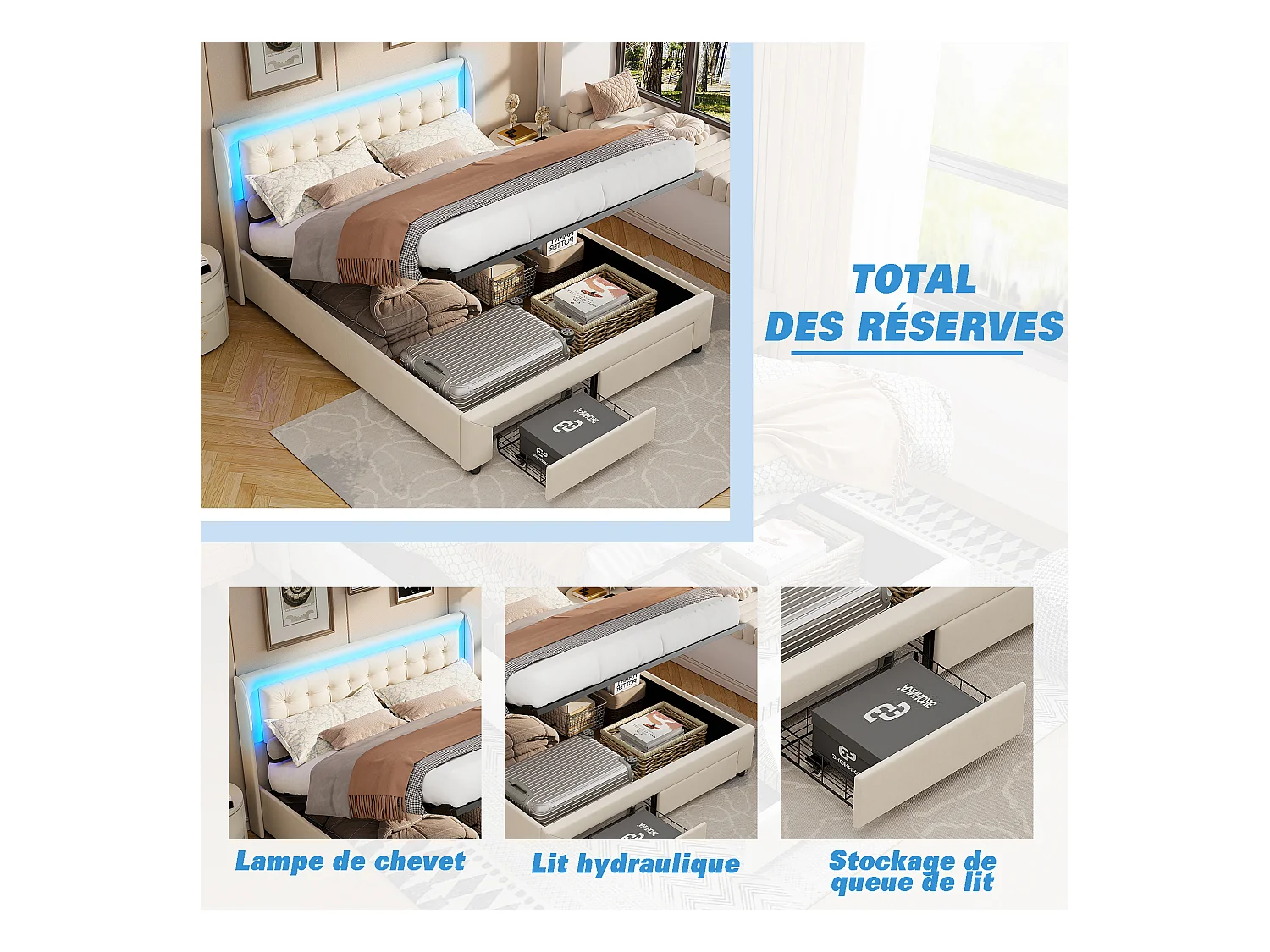 Lit coffre 160x200 cm en velours beige avec vérins hydrauliques, tête de lit LED multicolore et tiroir de rangement intégré